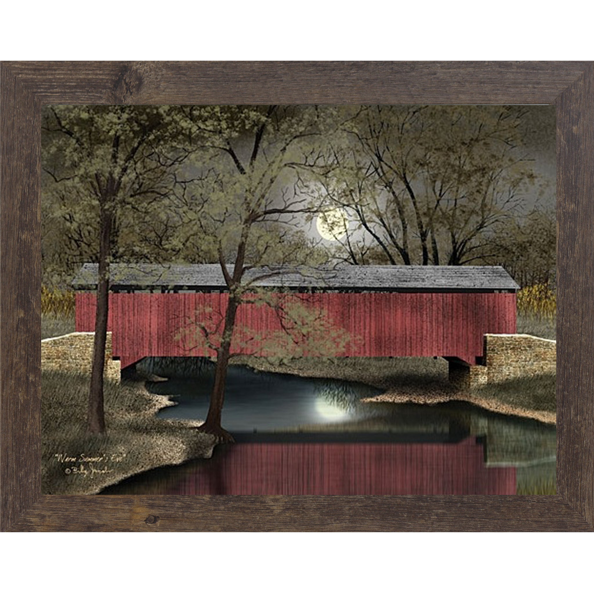 Covered bridge framed wall art by Billy Jacobs featuring a red bridge over a river at dusk surrounded by lush green summer landscape