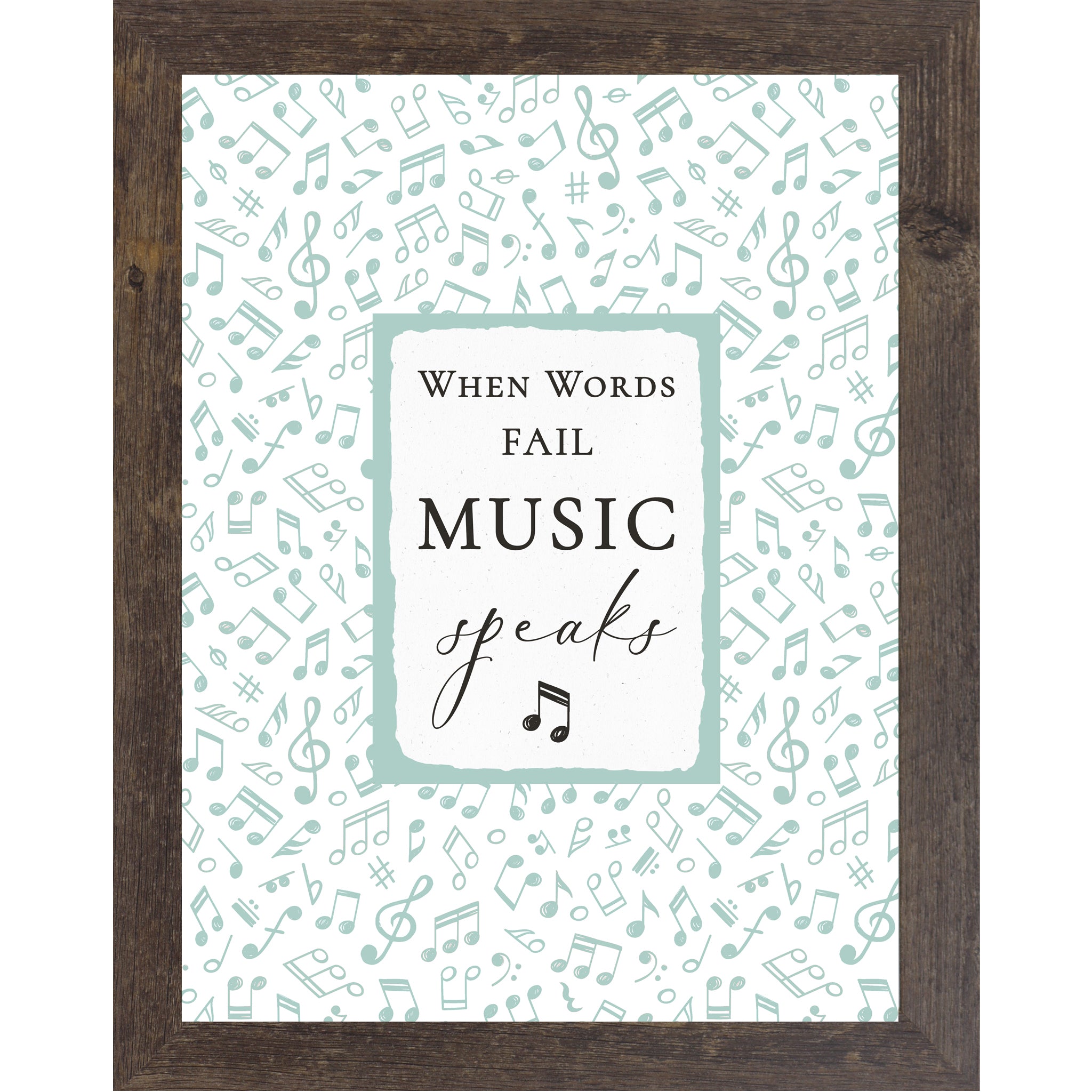 Natural Brown frame color When Words Fail Music Speaks framed wall art with green and blue musical notes on a white background, inspirational music quote decor for music classrooms and studios.