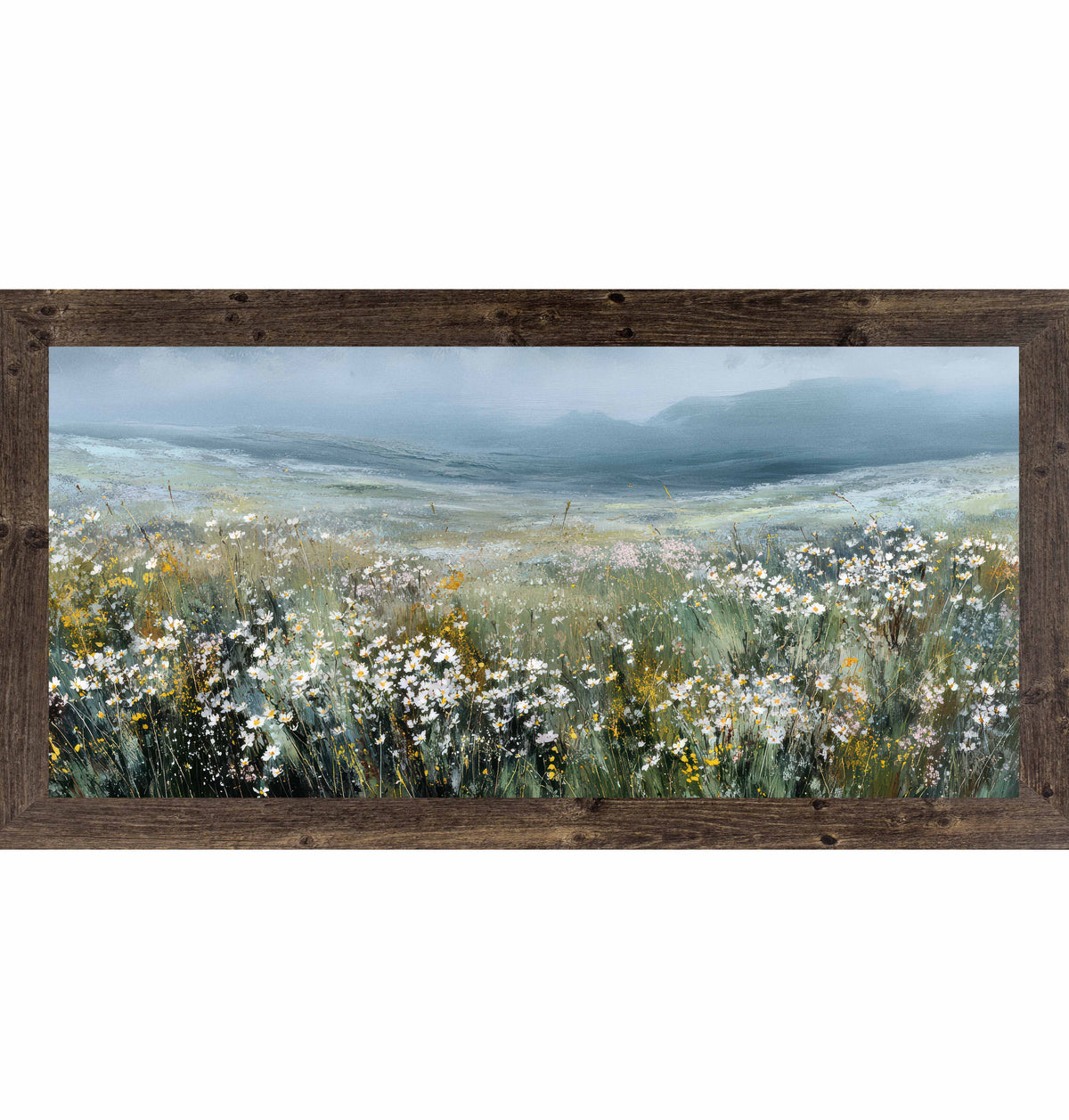 Natural brown color framed Watercolor wildflower meadow landscape framed wall art featuring rolling green hills and white blossoms beneath a soft blue sky in a wide horizontal format.