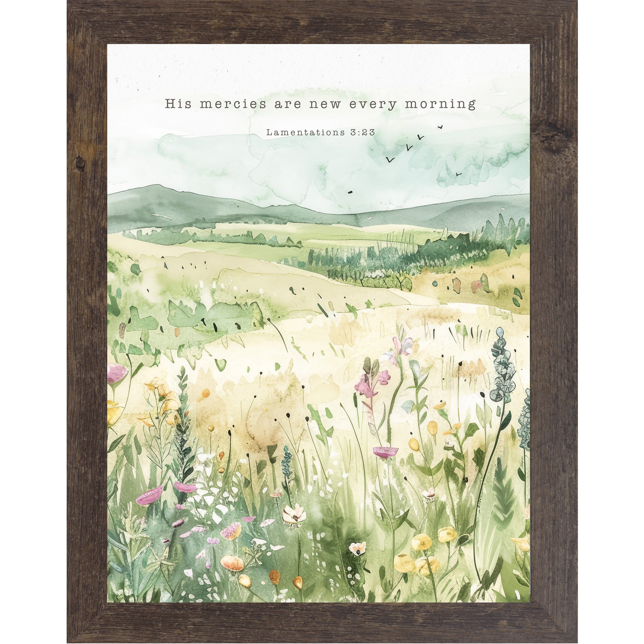 His Mercies Are New Every Morning Framed Wall Art – Lamentations 323 Watercolor Meadow (SB142)