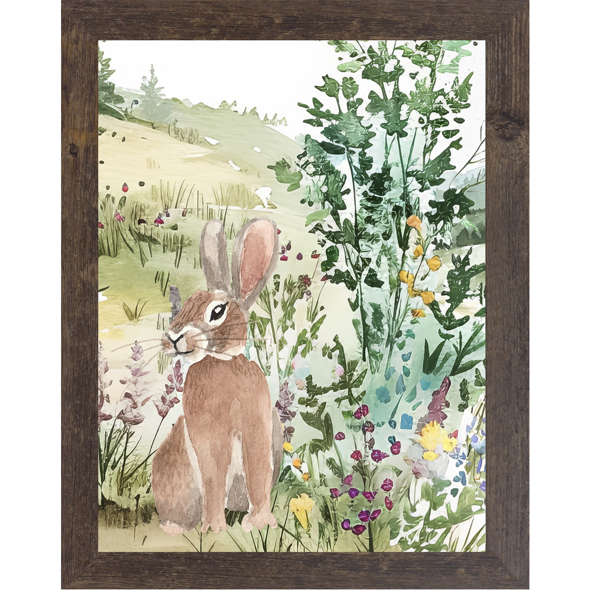 Floral Bunny Meadow Wall Art – Soft Watercolor Spring Decor, Neutral Nature Artwork (SB149)
