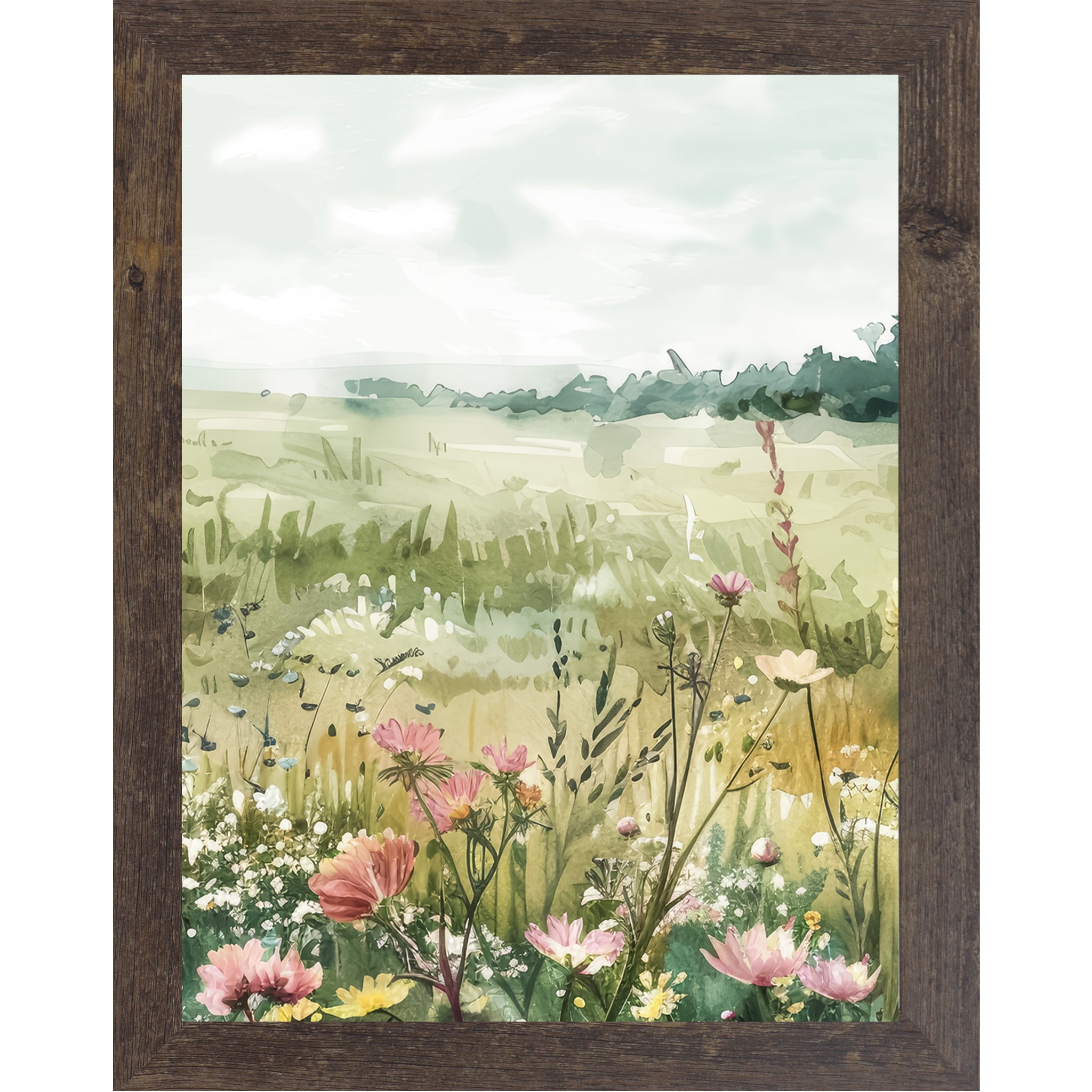 Wildflower Meadow Framed Wall Art – Soft Watercolor Floral Landscape Decor (SB140) - Summer Snow Art