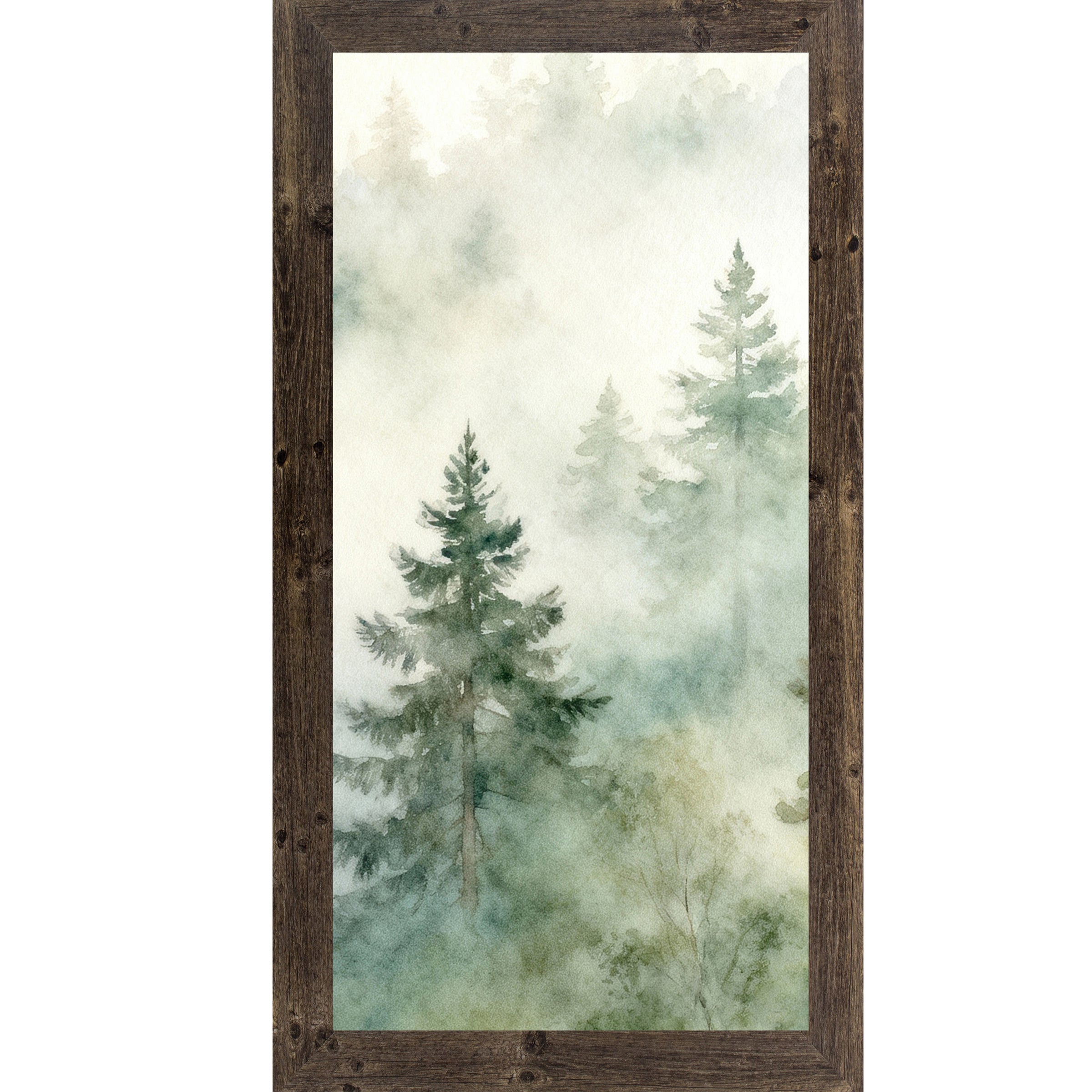 Misty Evergreen Forest – Vertical Watercolor Pine Tree Framed Wall Art | Calm Nature Decor (SB726)