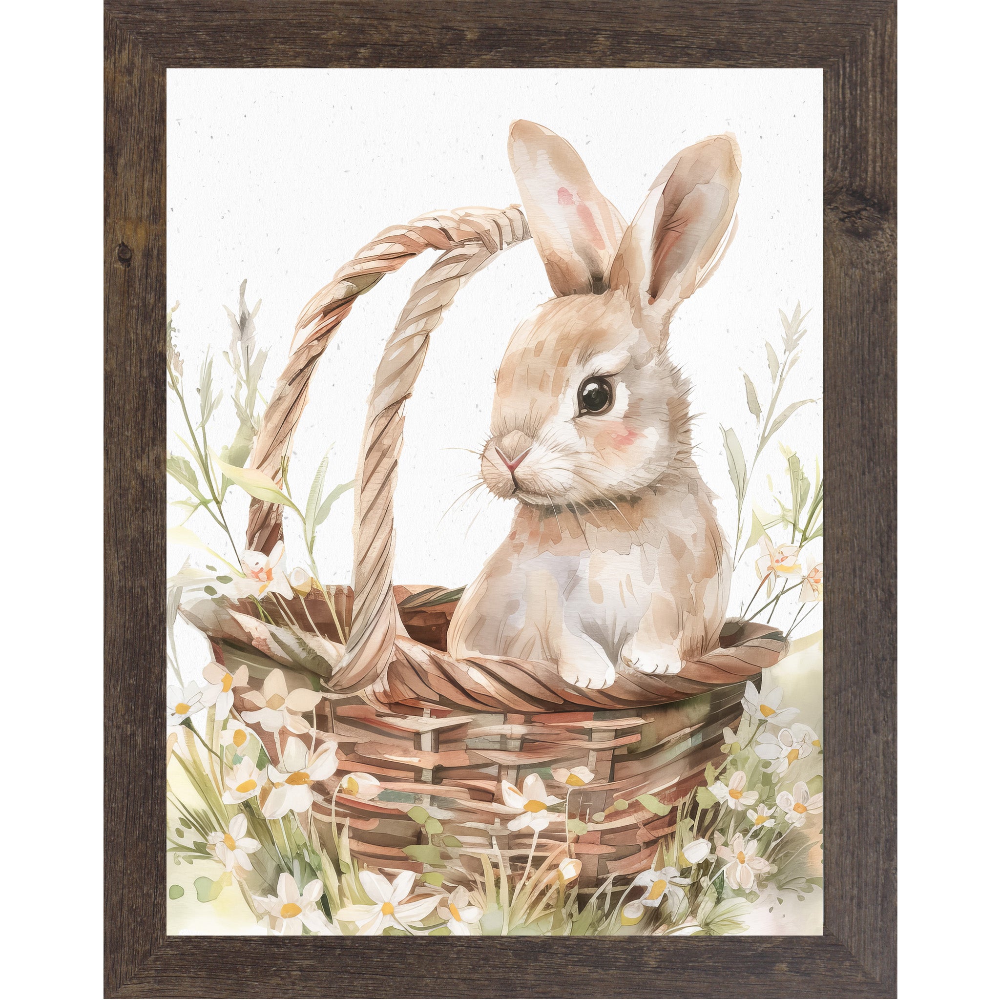 Spring Bunny in Basket Wall Art – Watercolor Rabbit with Floral Accents, Neutral Easter & Nursery Decor (SB154) - Summer Snow Art