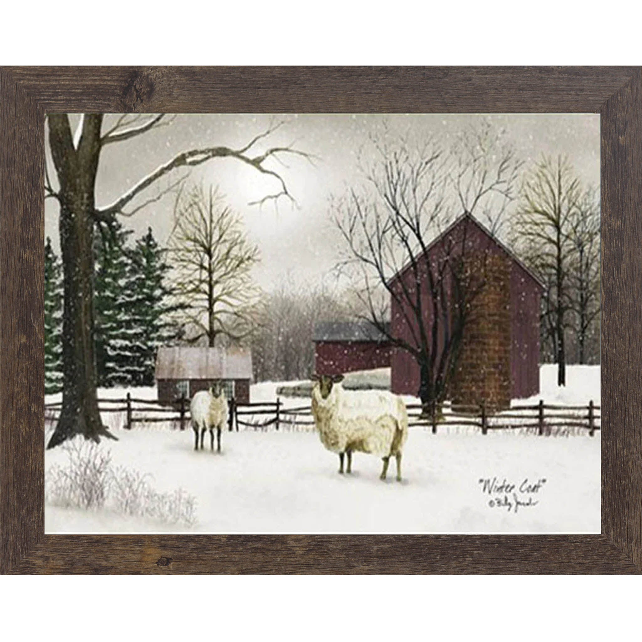 Winter Coat by Artist Billy Jacobs – Winter Farm Barn Framed Wall Art with Sheep (BJ185) - Summer Snow Art