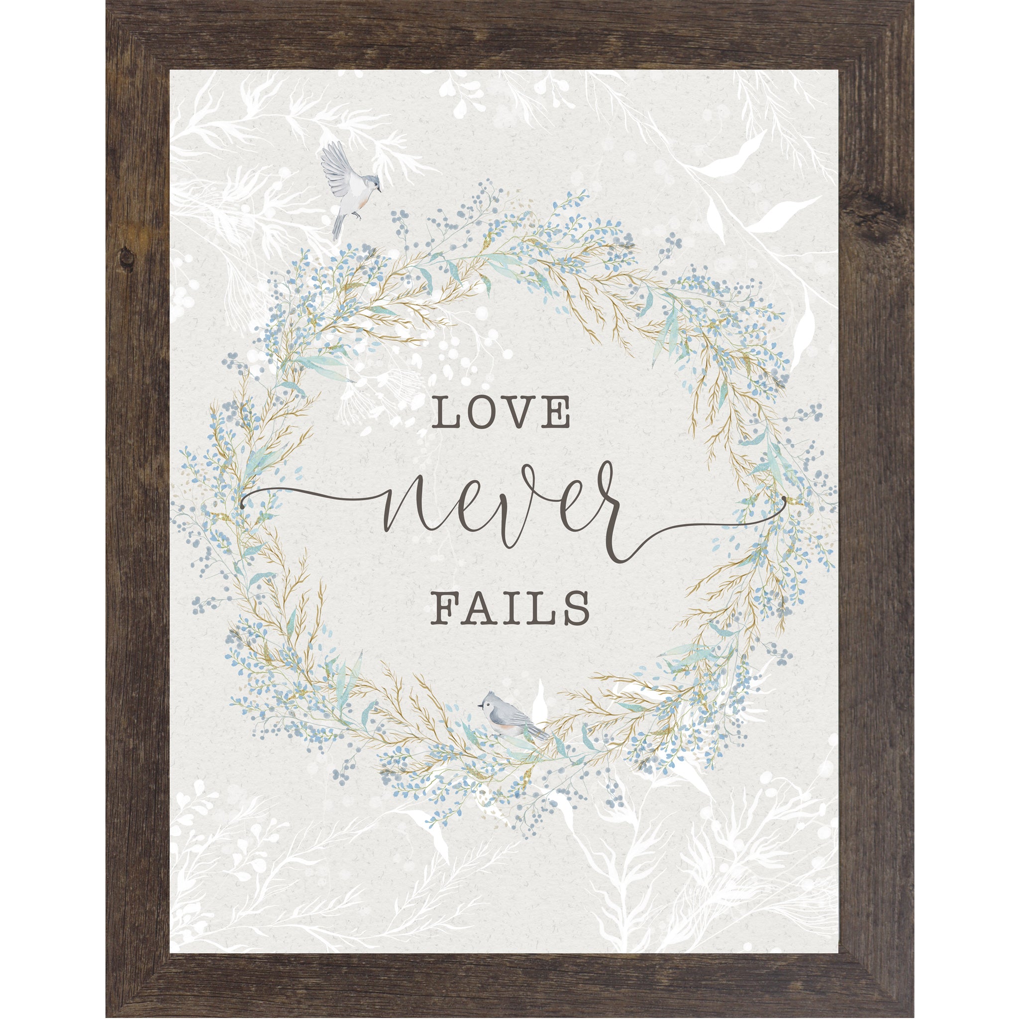 Love Never Fails Wall Art – Floral Wreath Scripture Decor, Soft Neutral Christian Art (SB150)