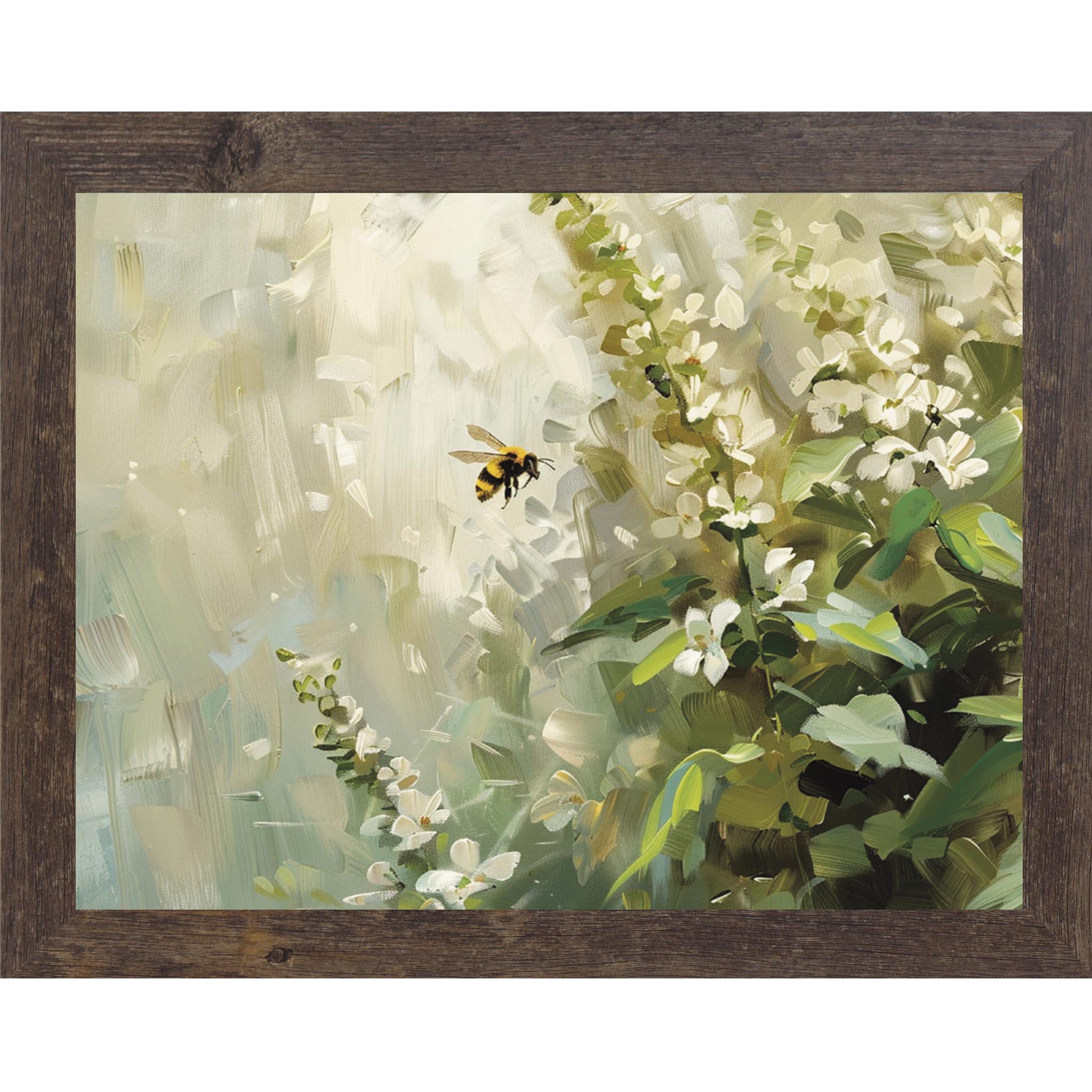 Neutral Floral Bee Wall Art – Soft Botanical Spring Framed Decor (SB144) - Summer Snow Art