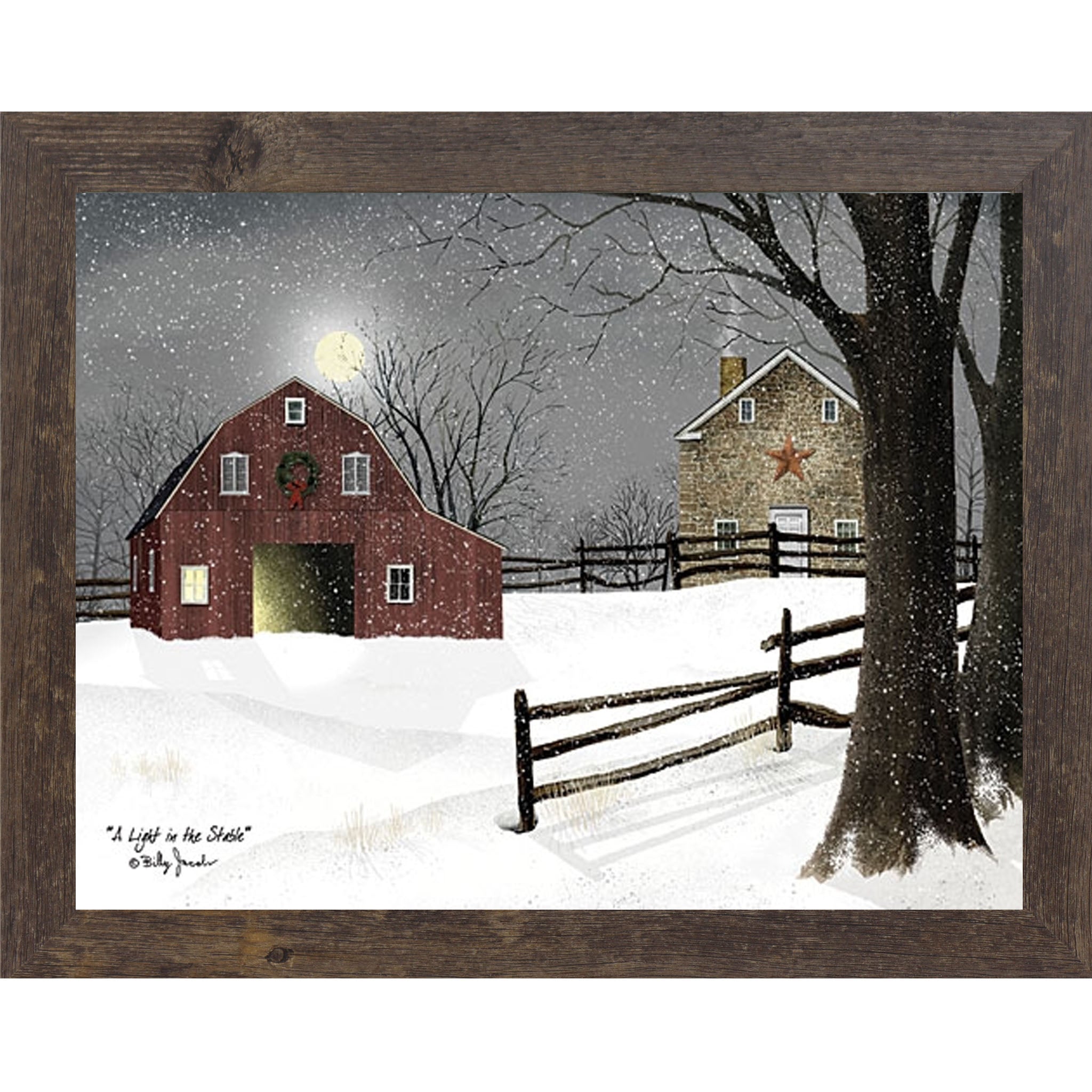 A Light in the Stable – Winter Farm Framed Wall Art by Billy Jacobs | Christmas & Americana Decor (BJ1068) - Summer Snow Art