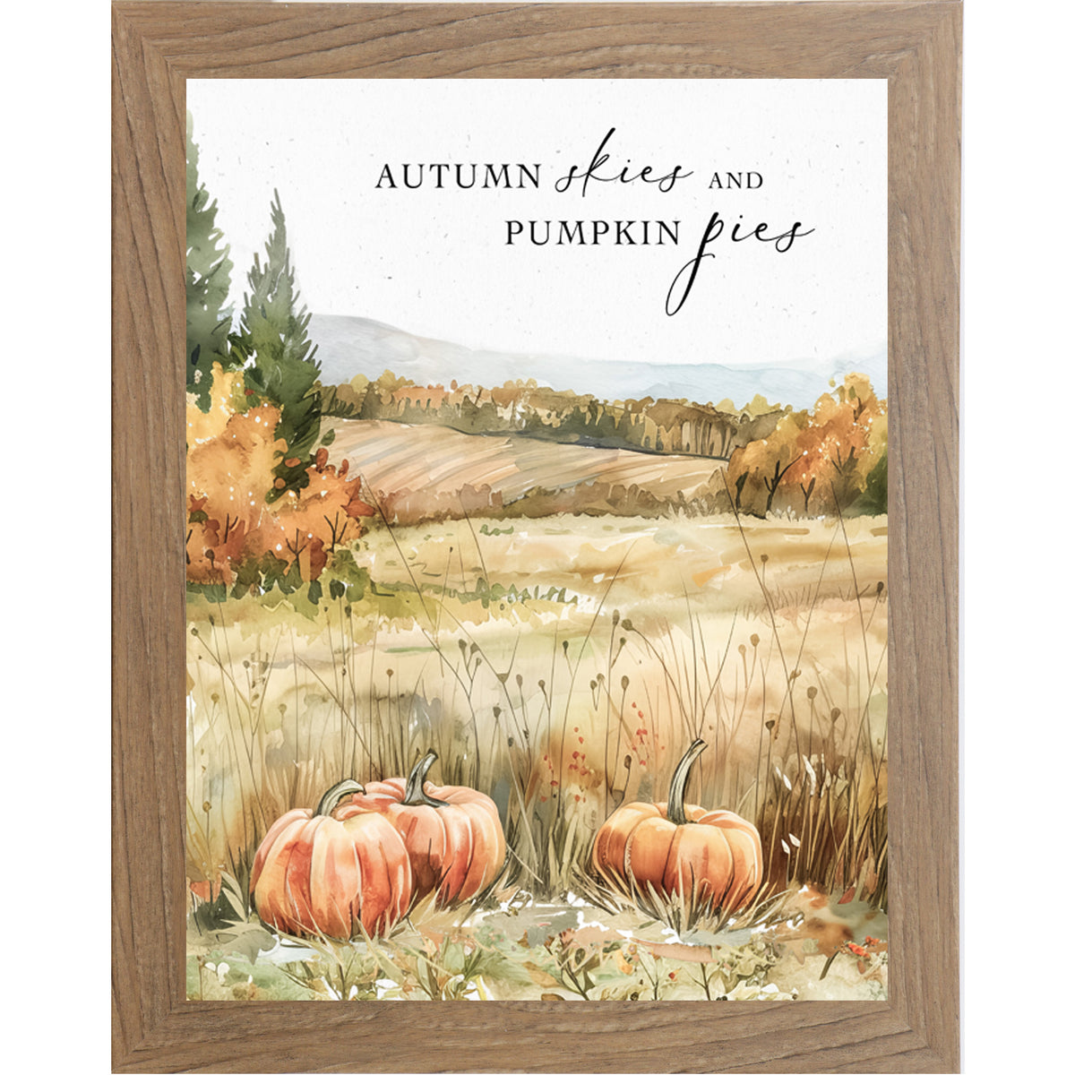 "Autumn Skies and Pumpkin Pies framed wall art by Summer Snow. Features pumpkins, golden fields, and fall trees with an 8x10 layout."