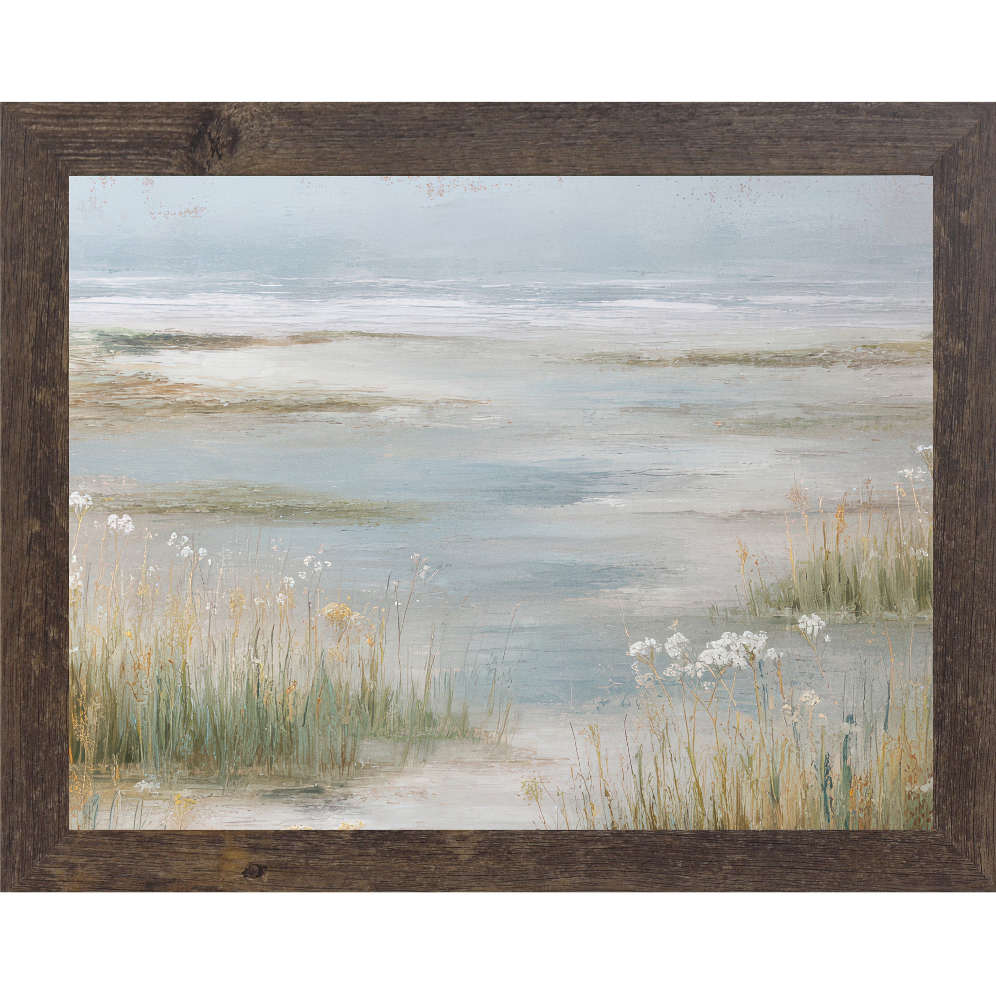 Natural brown framed landscape coastal marsh wall art with tall tidal grasses Queen Anne's Lace wildflowers and misty steel blue tidal flats — neutral painterly wetland scenic decor