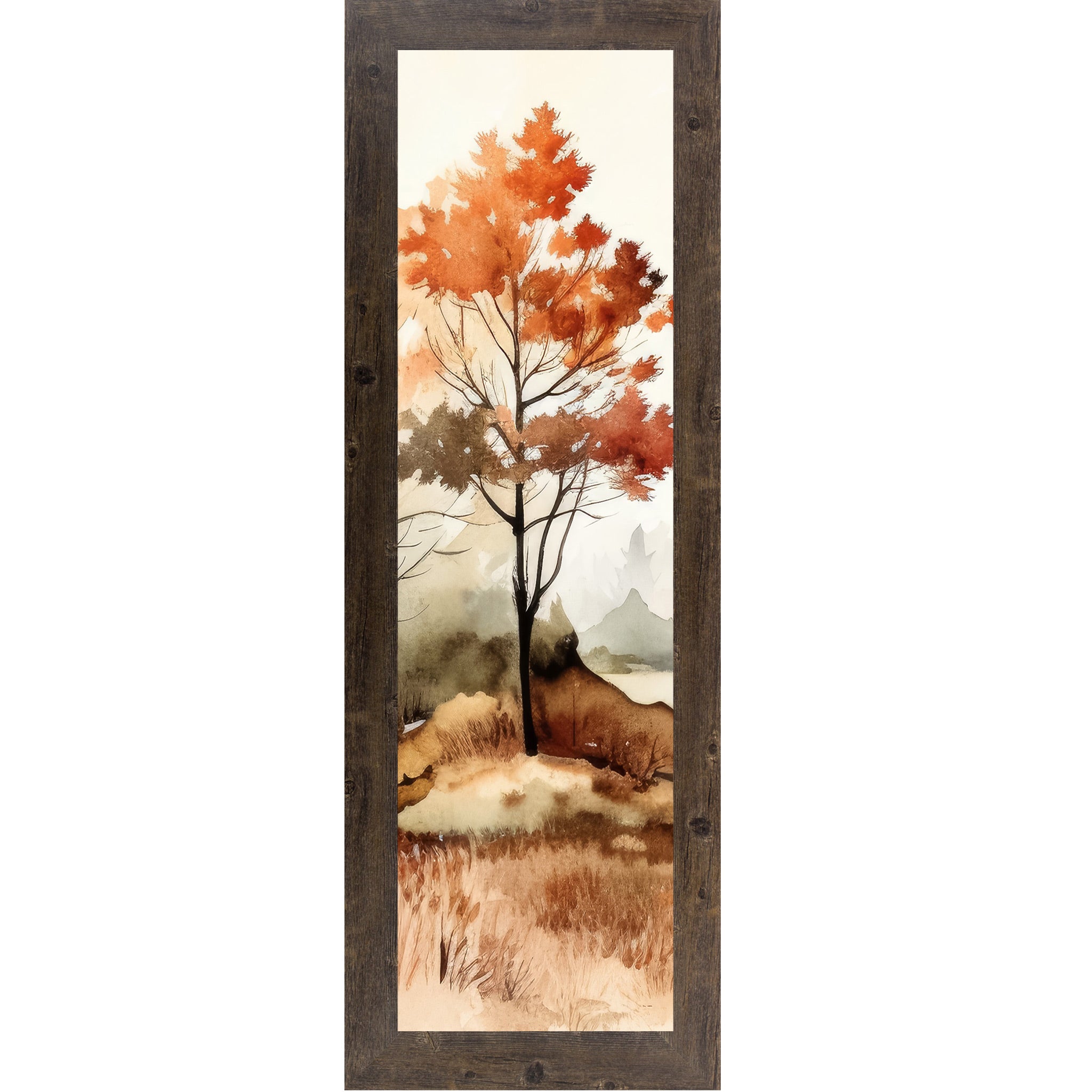 Natural Brown framed narrow portrait fall wall art featuring a single autumn tree in loose watercolor style with burnt orange canopy misty mountains and golden grasses