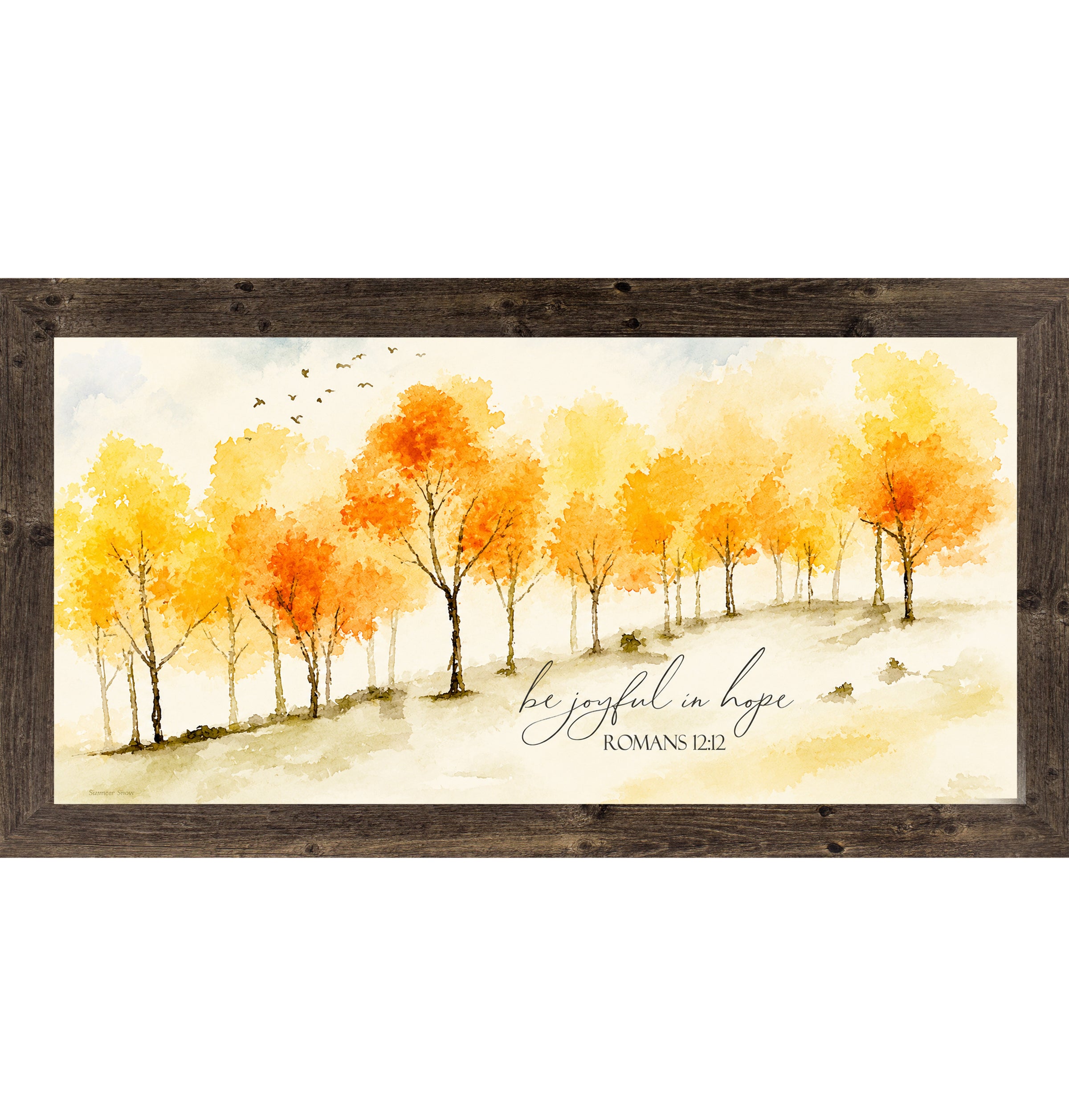 Natural Brown framed wide landscape Christian scripture wall art featuring watercolor golden orange and yellow autumn trees with birds in flight and the words Be Joyful In Hope Romans 12:12 in elegant script on warm cream background — SN704