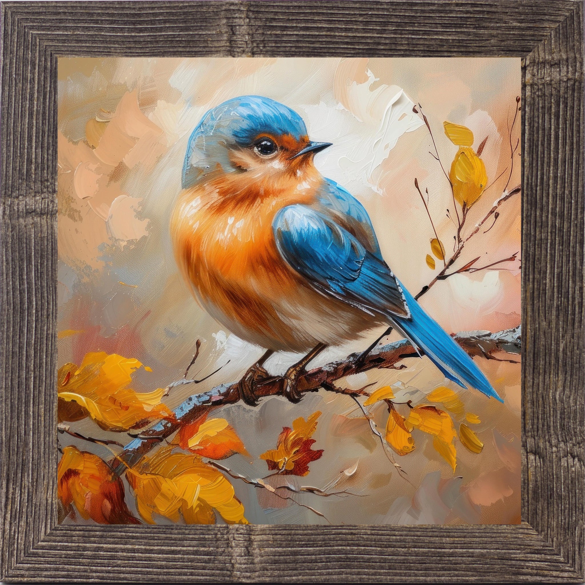 Natural brown framed square bluebird autumn wall art featuring vivid blue orange and cream bluebird in oil painted impasto style perched on autumn branch with golden amber and rust fall leaves on warm peach background — NS27