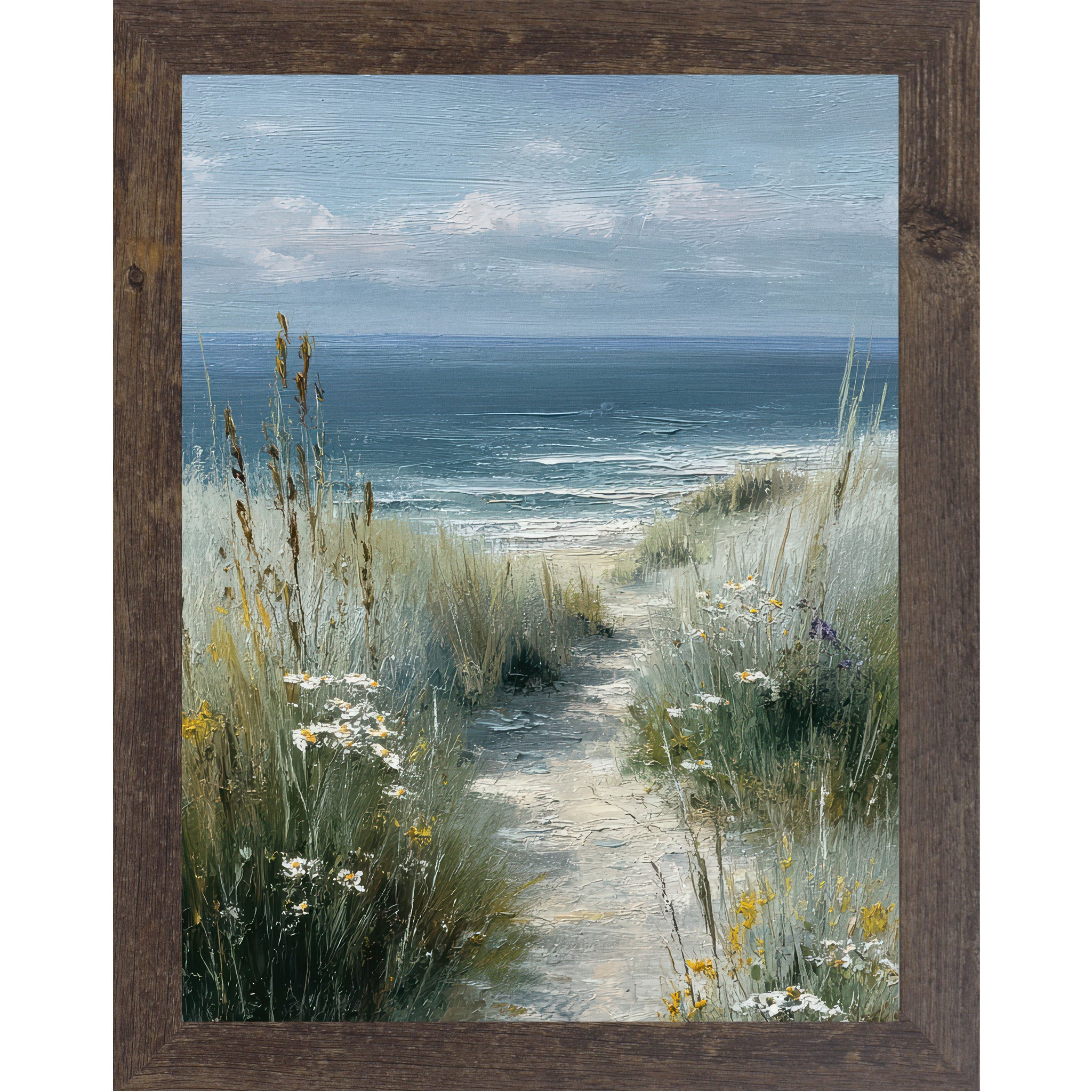 Natural brown framed portrait coastal path wall art featuring a sandy beach path winding through tall sea grasses white daisies and yellow wildflowers toward deep teal ocean waves under a pale blue sky