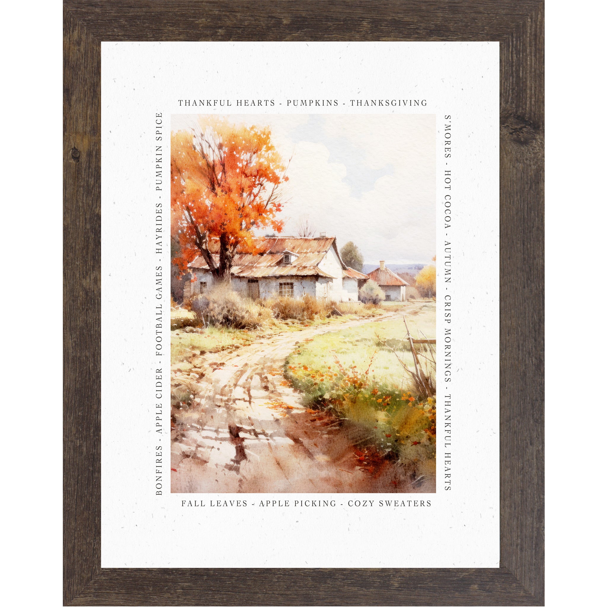Natural brown framed portrait fall farmhouse porch wall art featuring watercolor Adirondack chair pumpkins and lantern surrounded by fall quote border — There Is Always Something To Be Thankful For Crisp Mornings Cozy Sweaters Falling Leaves Good Memories Fall Reminds Us How Beautiful Change Can Be — SN388