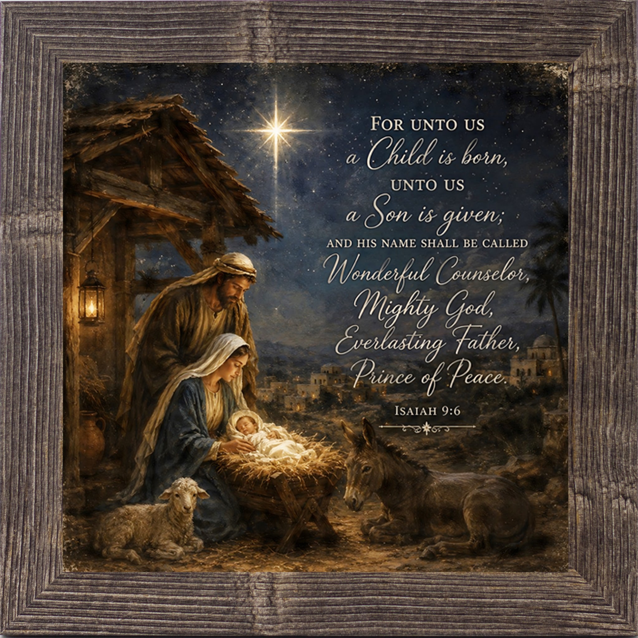 Natural brown framed square nativity Christmas wall art featuring Mary and Joseph at the manger under the Star of Bethlehem with Isaiah 9:6 scripture text