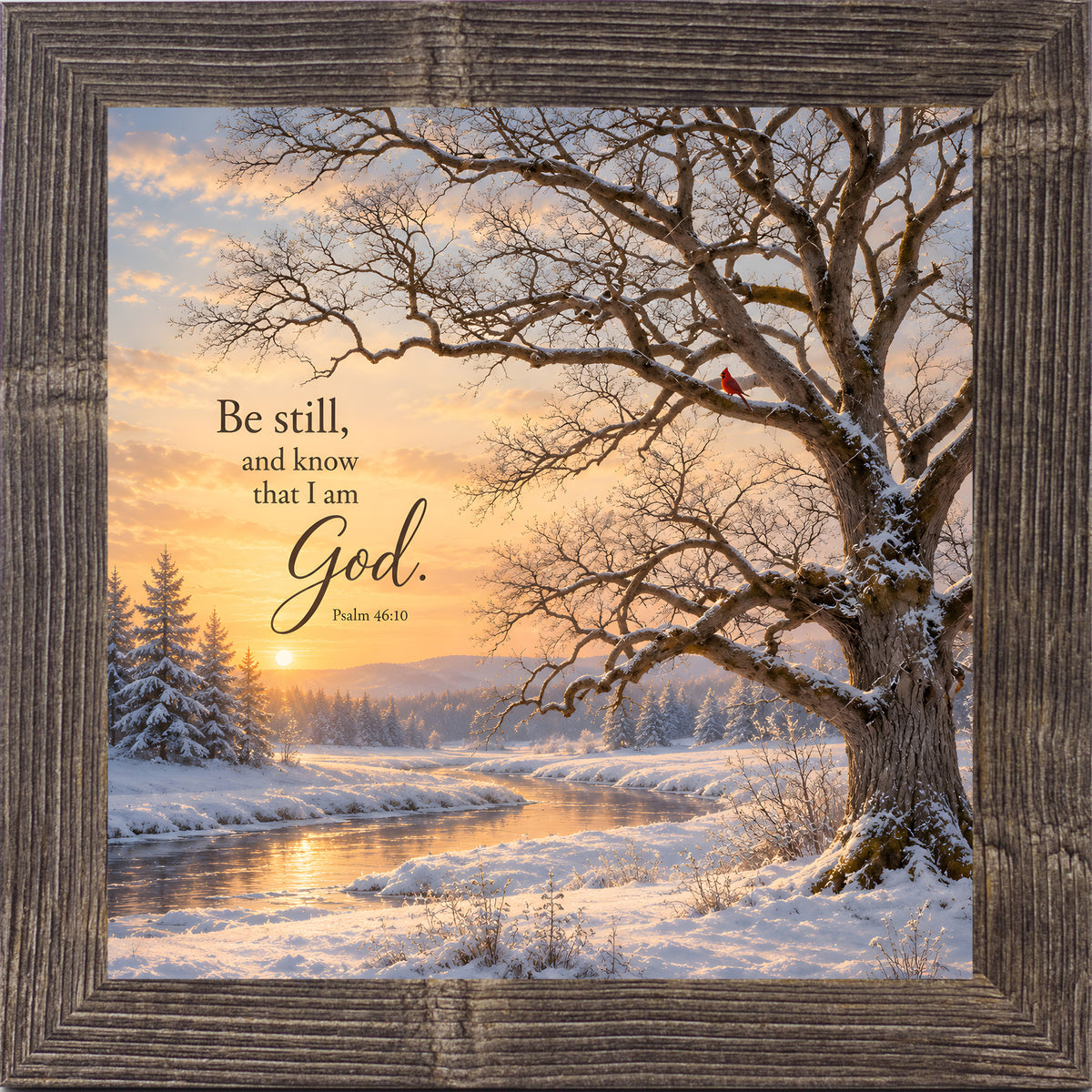 Be Still and Know That I Am God wall art in natural brown frame, Psalm 46:10 winter scene
