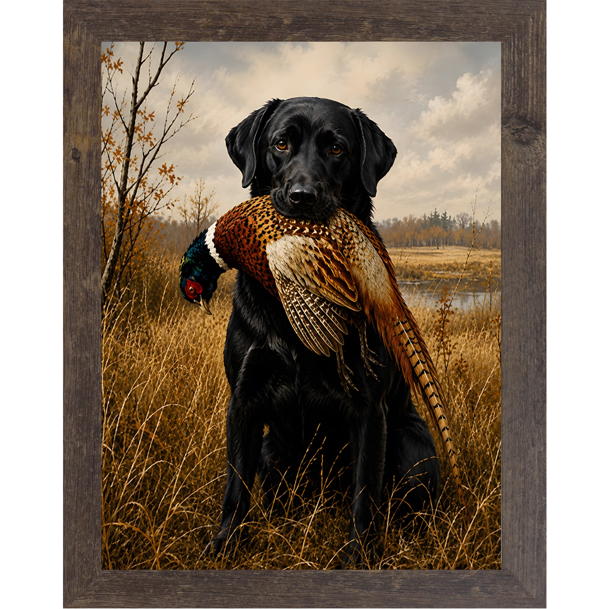 Natural brown framed portrait heritage hunting dog wall art featuring a black Labrador holding a pheasant in a golden autumn field