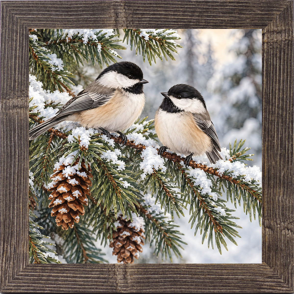 Natural brown framed square winter chickadee wall art featuring two black-capped chickadees perched on a snowy pine branch with pinecones