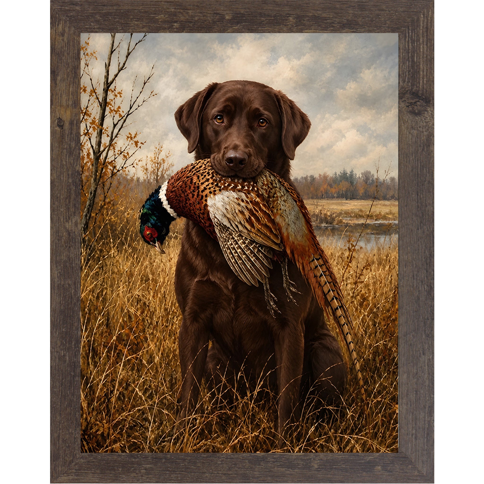 Natural brown framed portrait heritage hunting dog wall art featuring a chocolate Labrador holding a pheasant in a golden autumn field