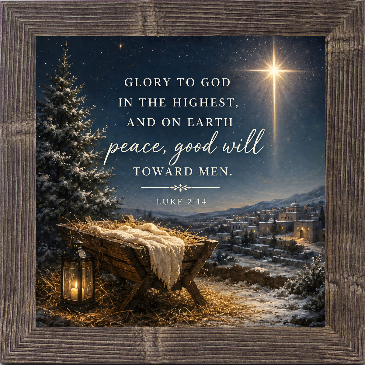 "Glory to God in the Highest nativity wall art in a natural brown frame, featuring Luke 2:14 scripture, starry night sky, and snowy pine tree"