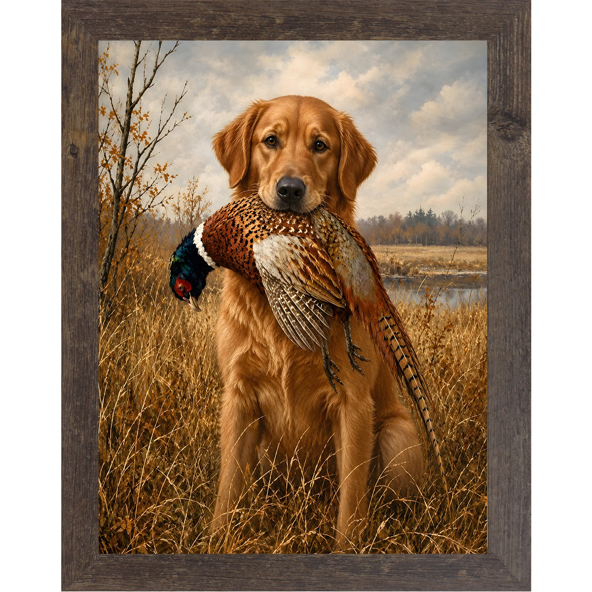 Natural brown framed portrait heritage hunting dog wall art featuring a golden retriever holding a pheasant in a golden autumn field