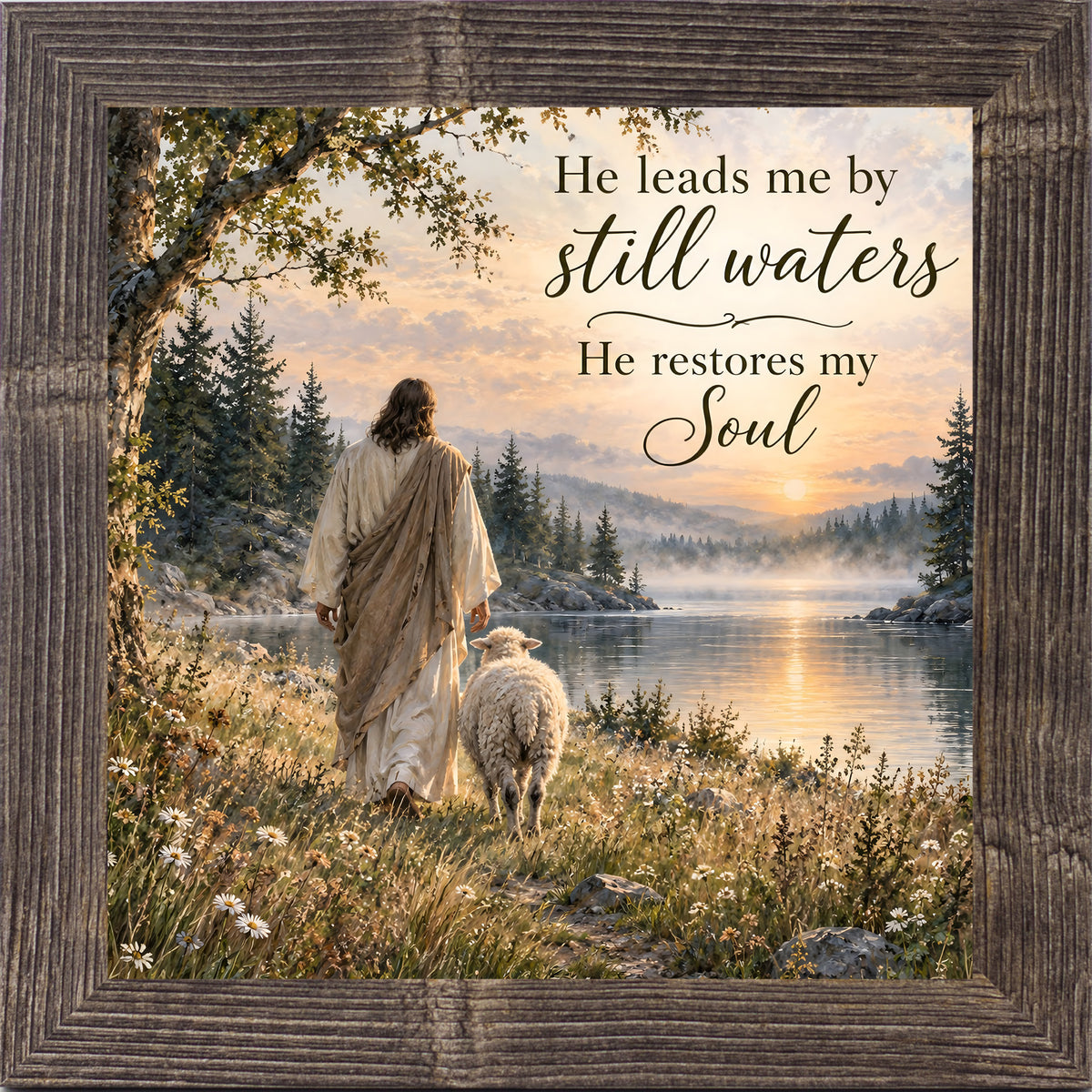 Natural brown framed square Christian wall art featuring Christ walking beside a lamb at a sunset lake with the words "He Leads Me By Still Waters He Restores My Soul"