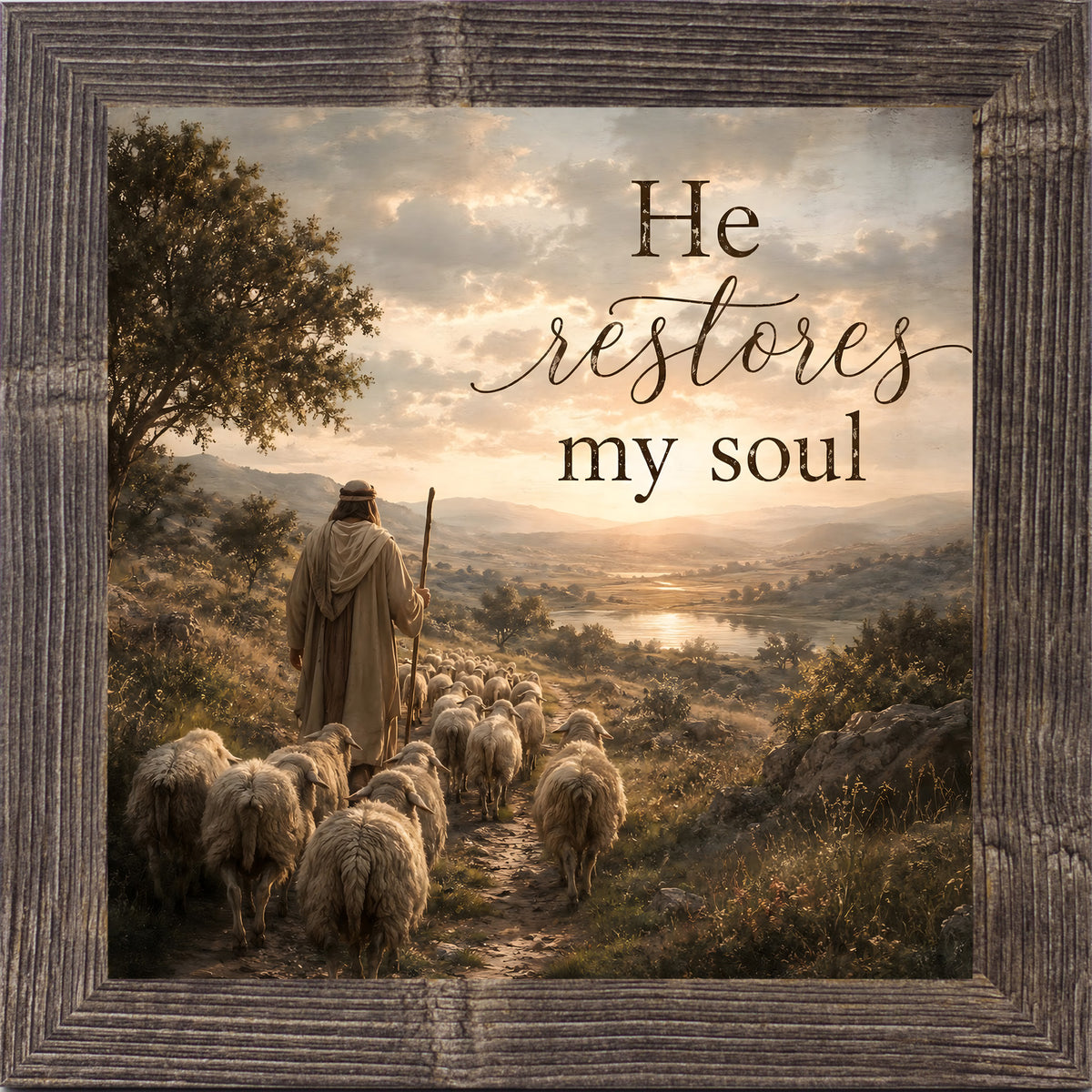 Natural brown framed square Christian wall art featuring a shepherd leading a flock of sheep down a golden hillside toward a river valley with the words "He Restores My Soul"