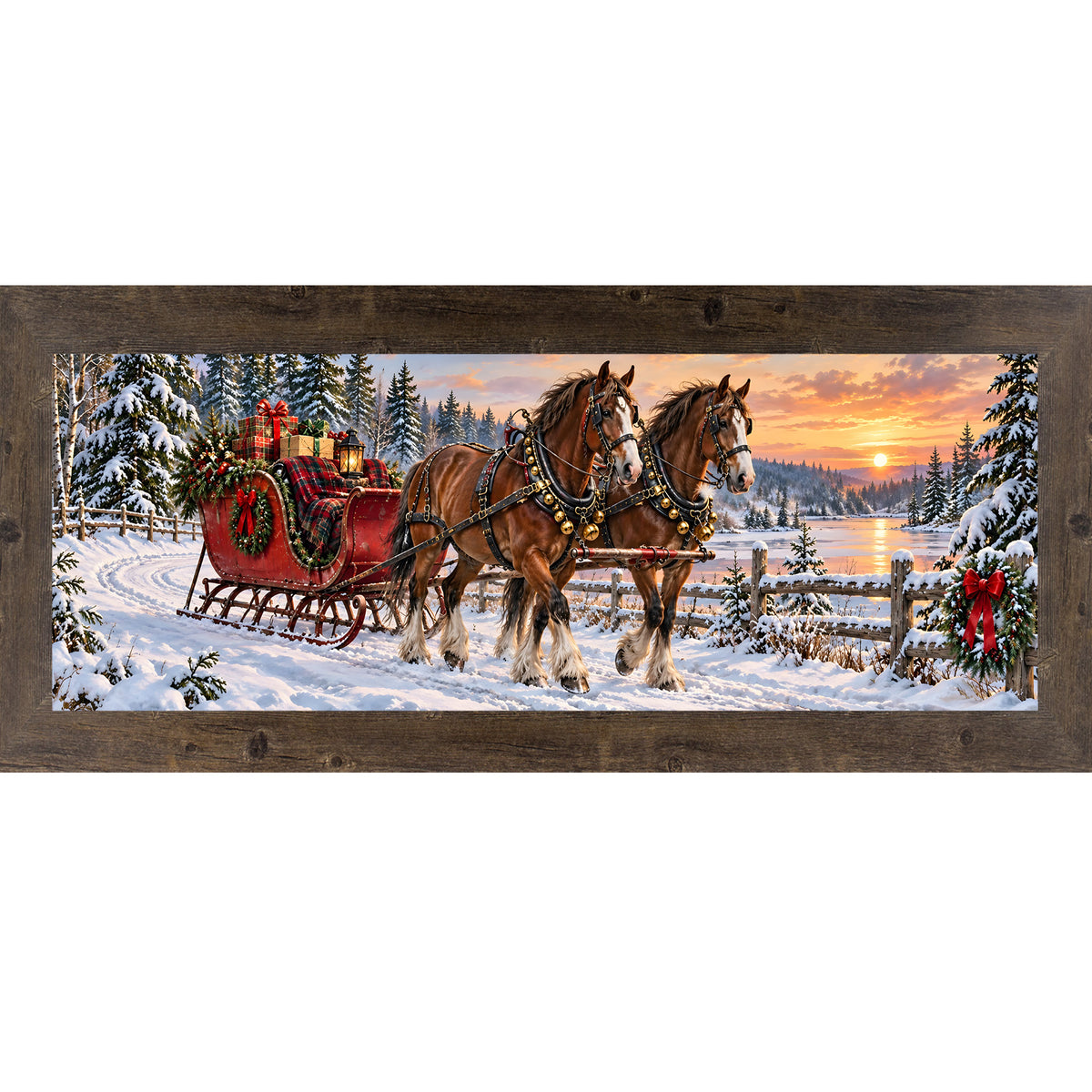 Horse-drawn sleigh wall art in natural brown frame, sleigh with gifts at sunset