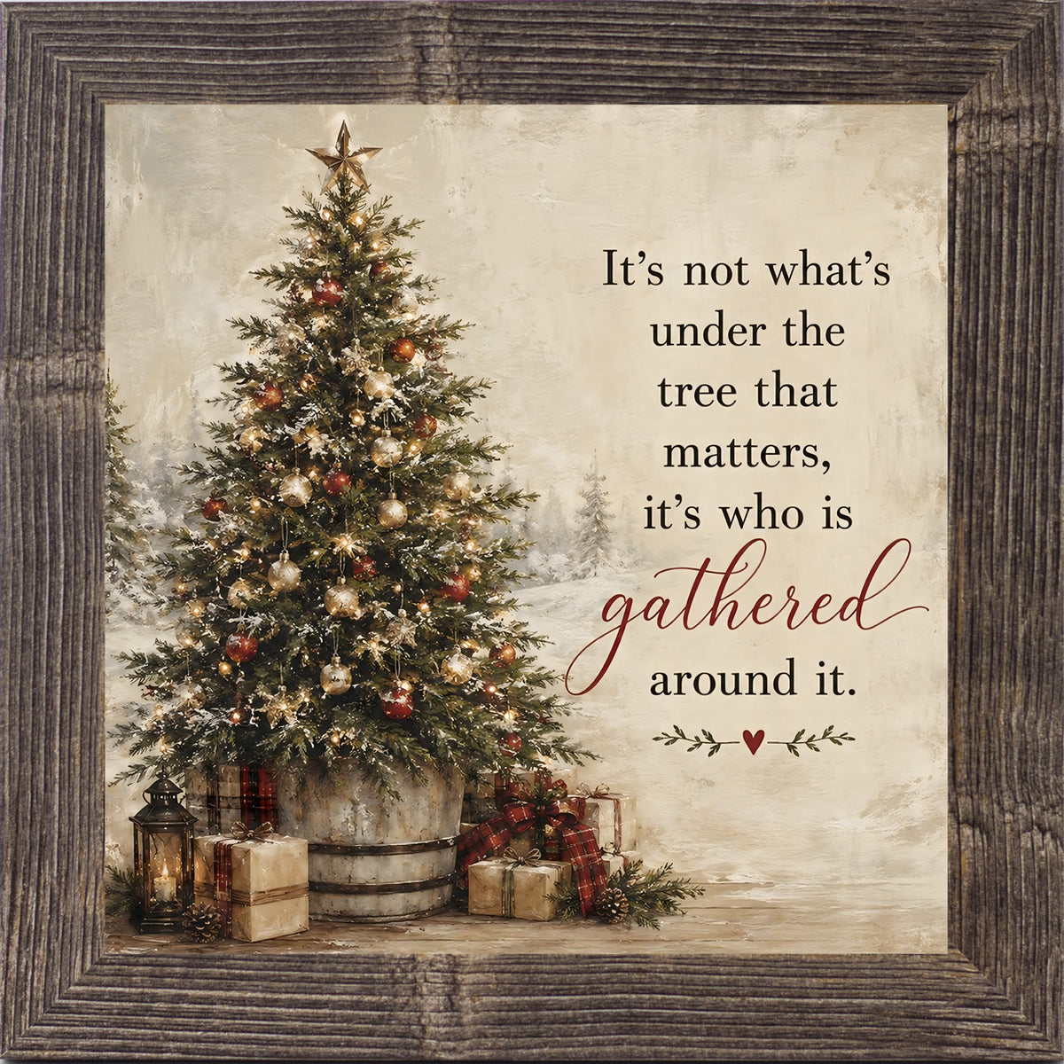 It's Not What's Under the Tree wall art in natural brown frame, Christmas family quote