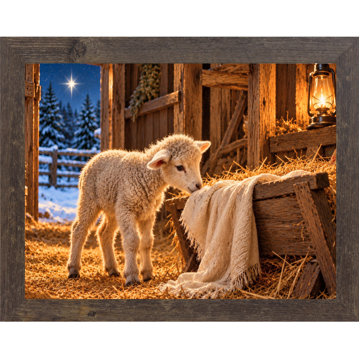 Natural brown framed landscape nativity wall art featuring a newborn lamb beside a wooden manger with hay, a lantern, and the Star of Bethlehem over snowy pines