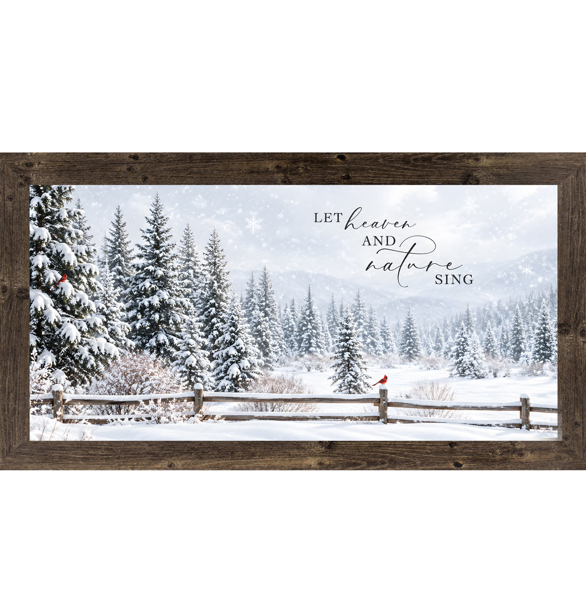 Let Heaven and Nature Sing wall art in natural brown frame, winter hymn landscape
