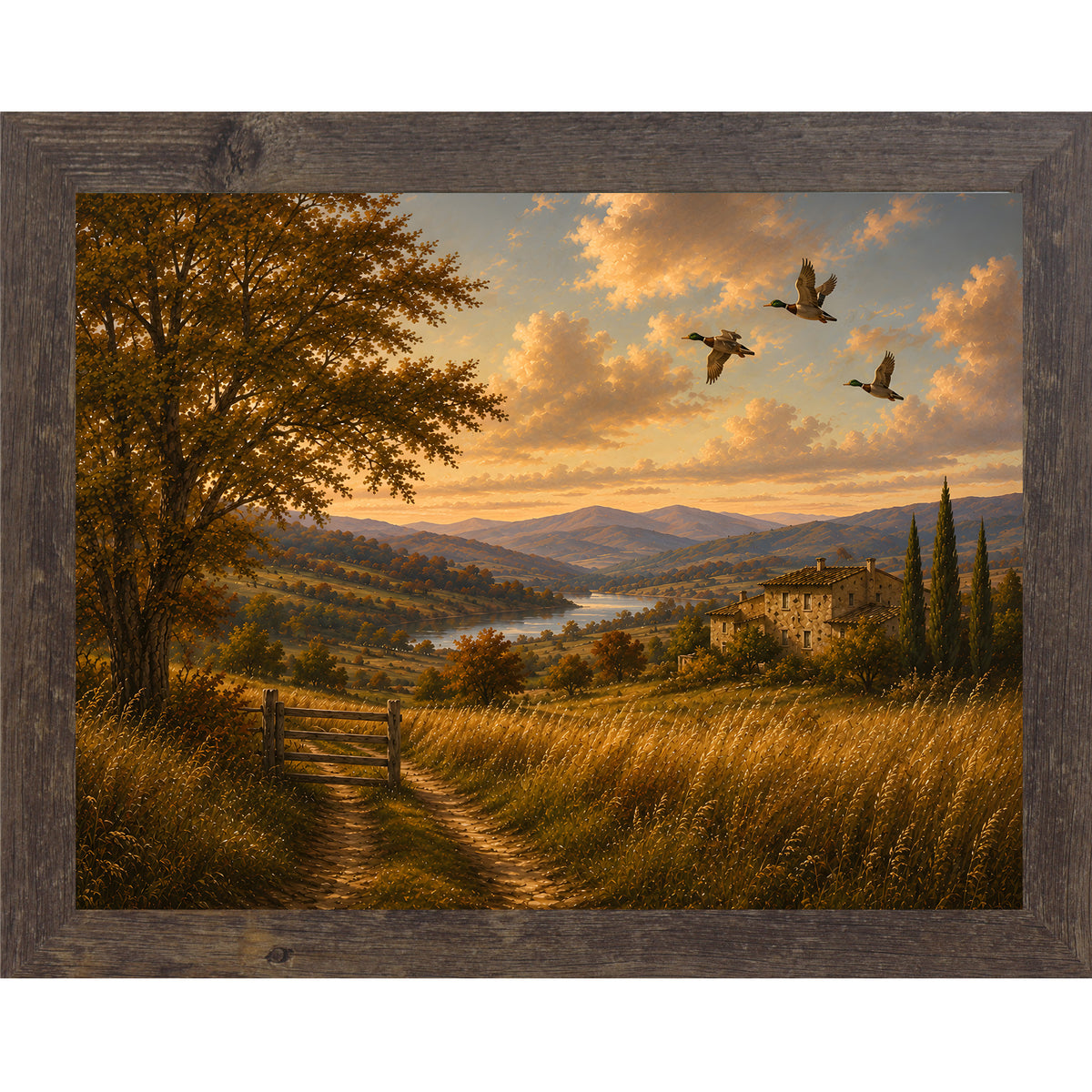 Natural brown framed landscape vintage sporting wall art featuring mallards flying over a golden river valley with a distant countryside villa
