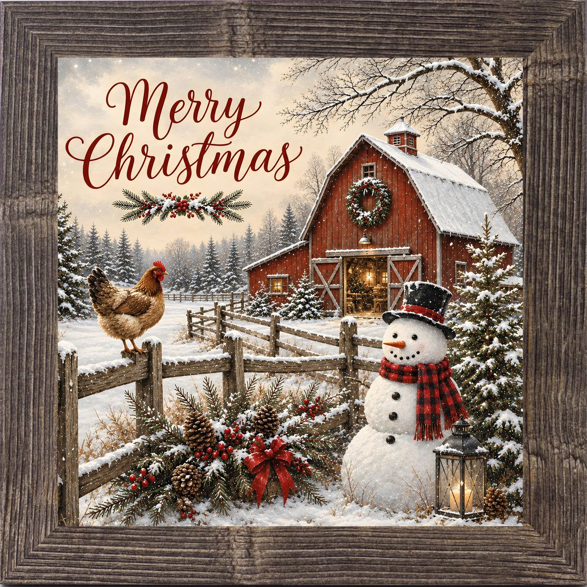 Natural brown framed square Christmas wall art featuring a snowman and hen beside a red barn with the words "Merry Christmas"