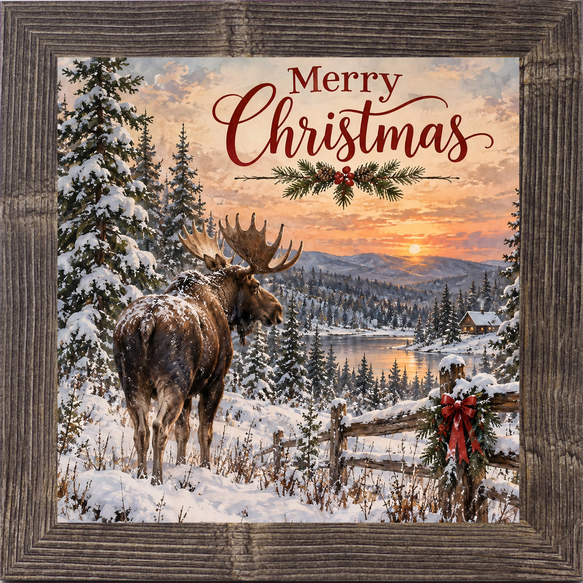 Natural brown framed square Christmas wall art featuring a moose beside a frozen lake at sunset with the words "Merry Christmas"
