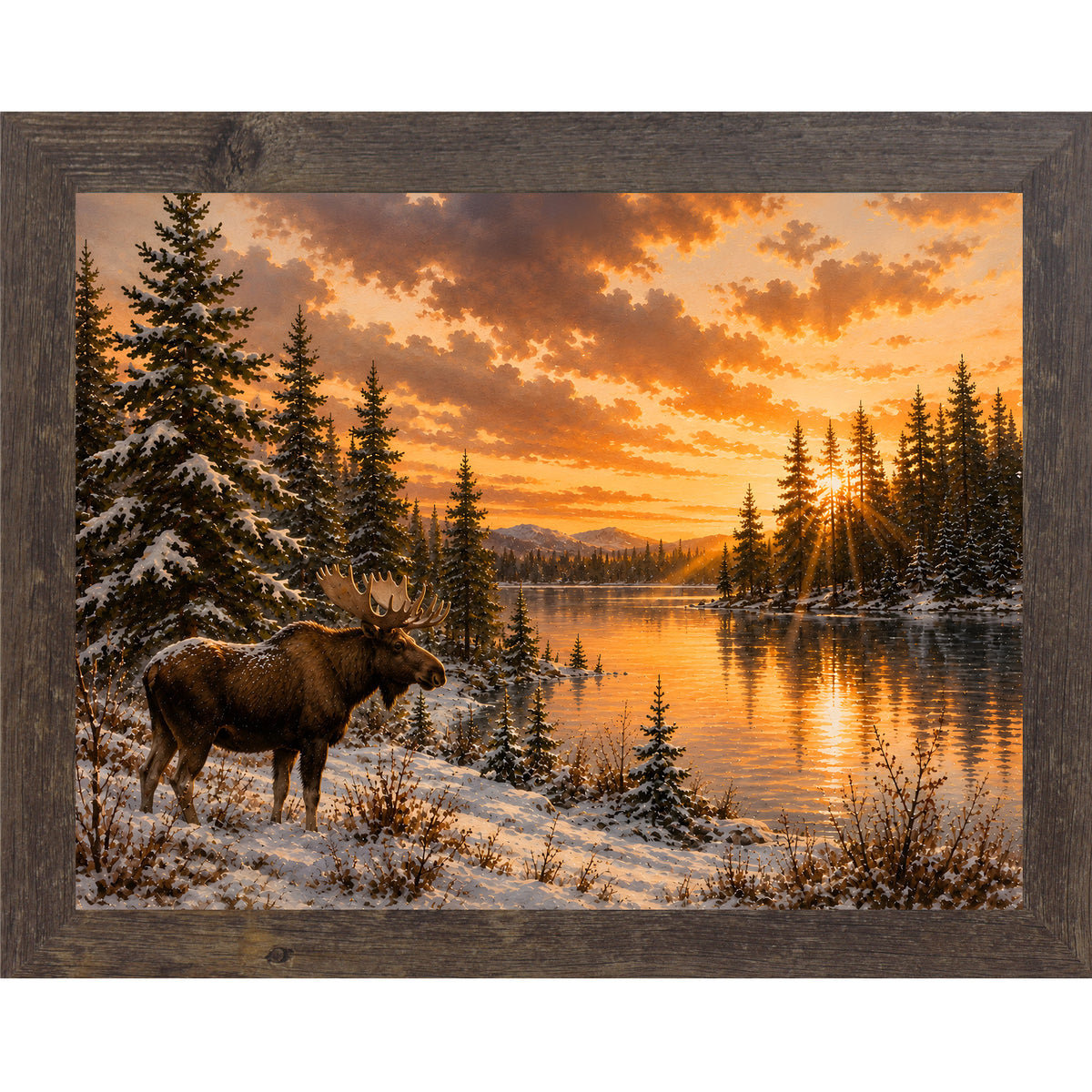 Natural brown framed landscape wall art featuring a moose standing along a sunlit snowy lakeshore at golden hour