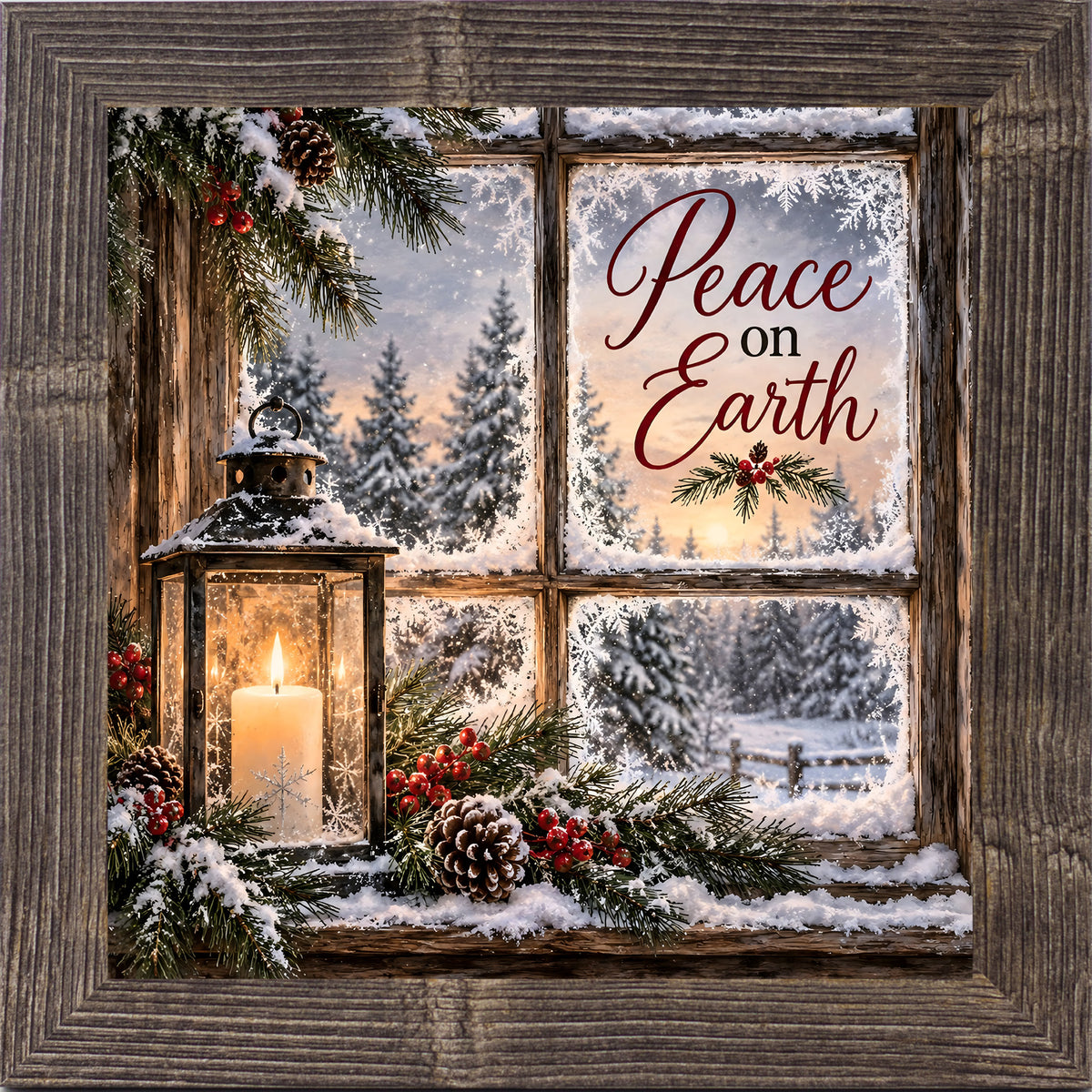 Peace on Earth wall art in natural brown frame, candlelit lantern and snowy pines