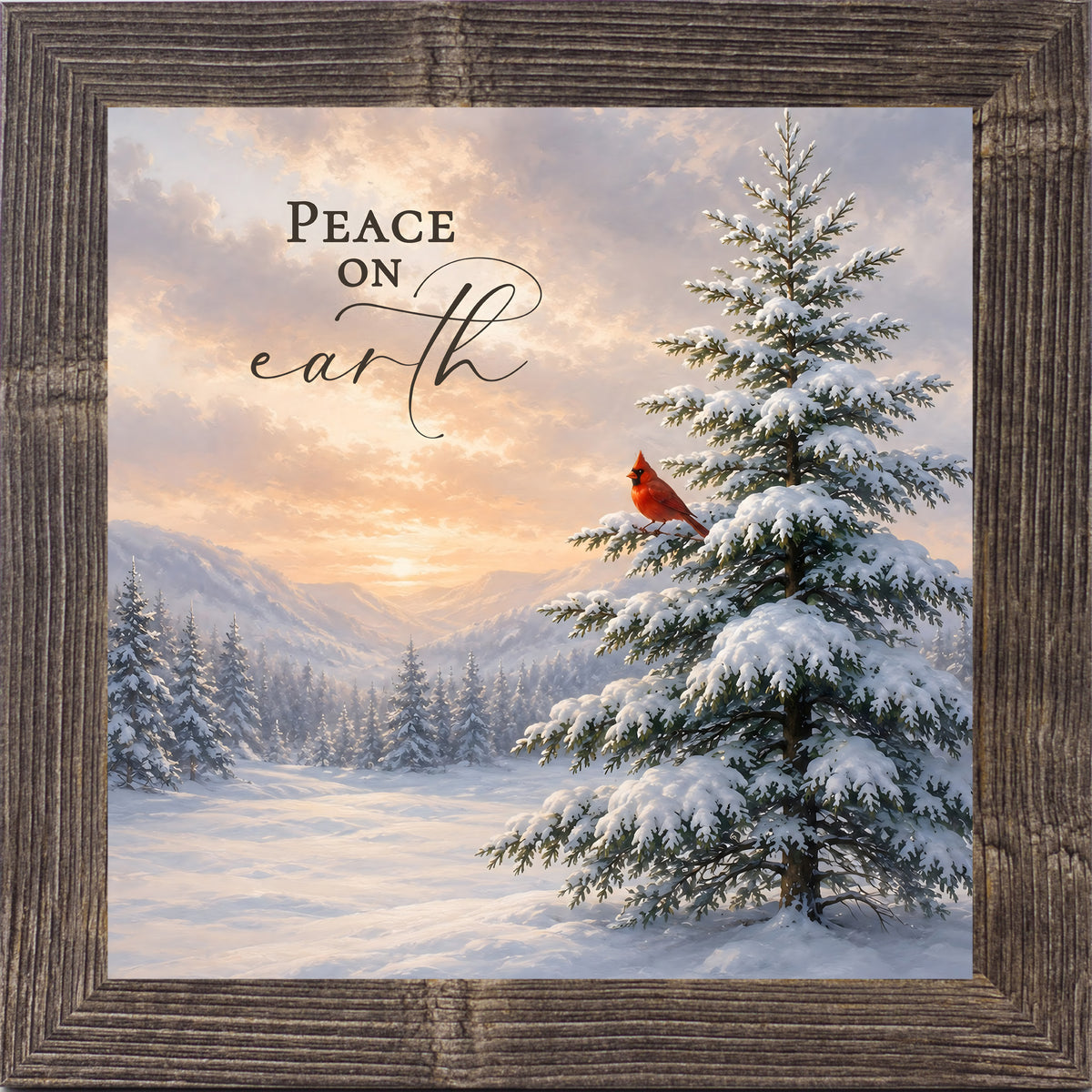 Peace on Earth wall art in natural brown frame, sunset pine tree scene