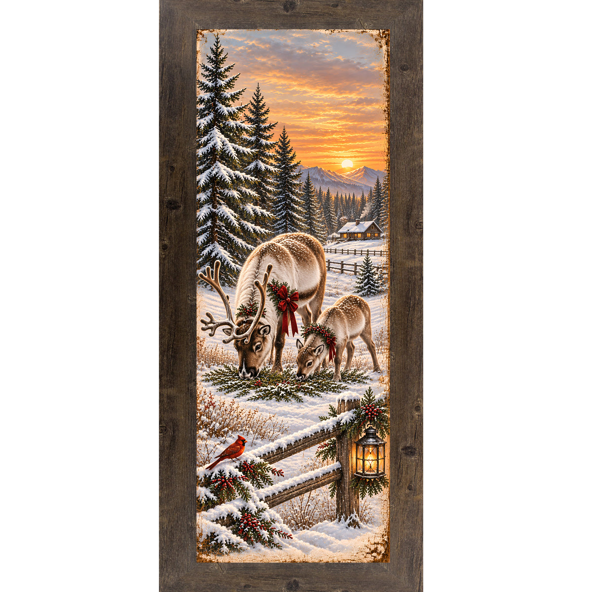 Reindeer and cardinal wall art in natural brown frame, winter mountain sunset