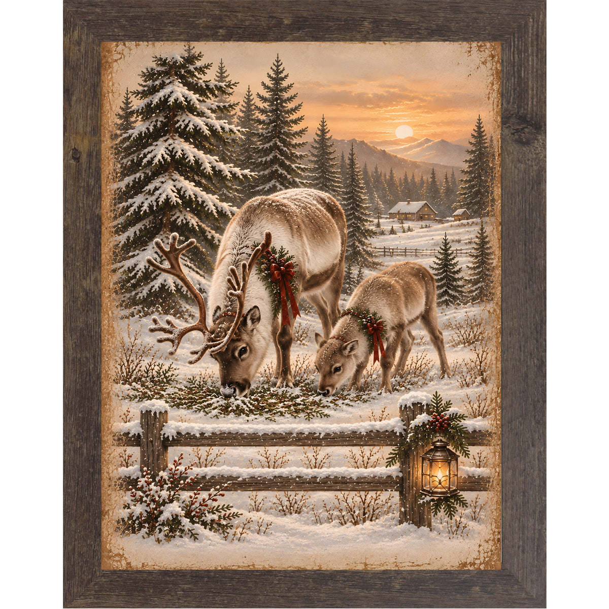 Reindeer at sunset wall art in natural brown frame, mother and fawn in snow