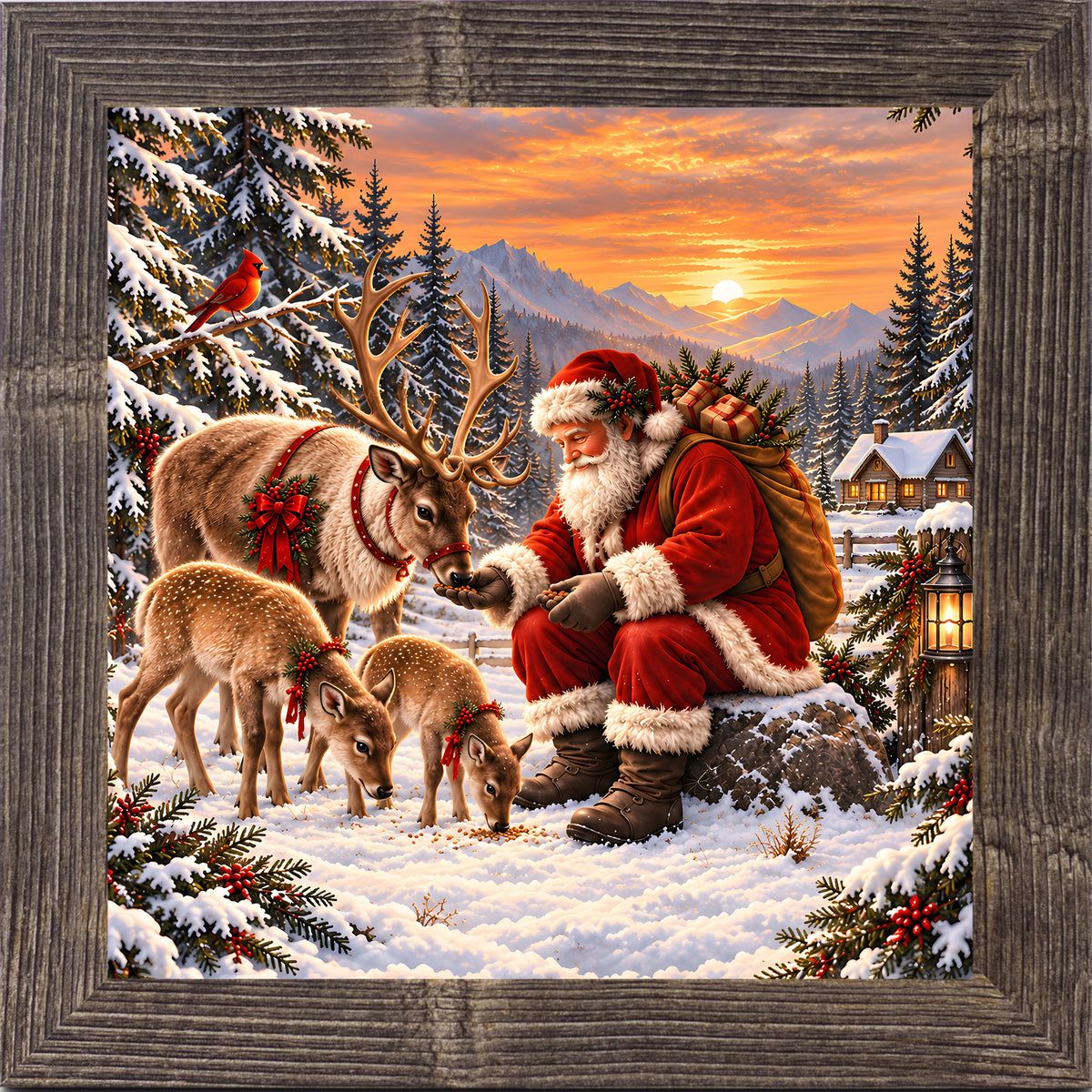 Santa feeding his reindeer wall art in natural brown frame, Christmas sunset scene