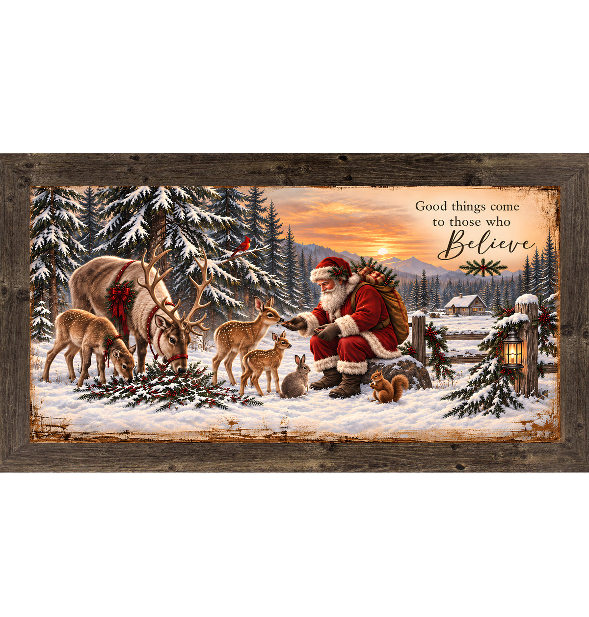 Santa feeding the animals wall art in natural brown frame, Good Things Come to Those Who Believe