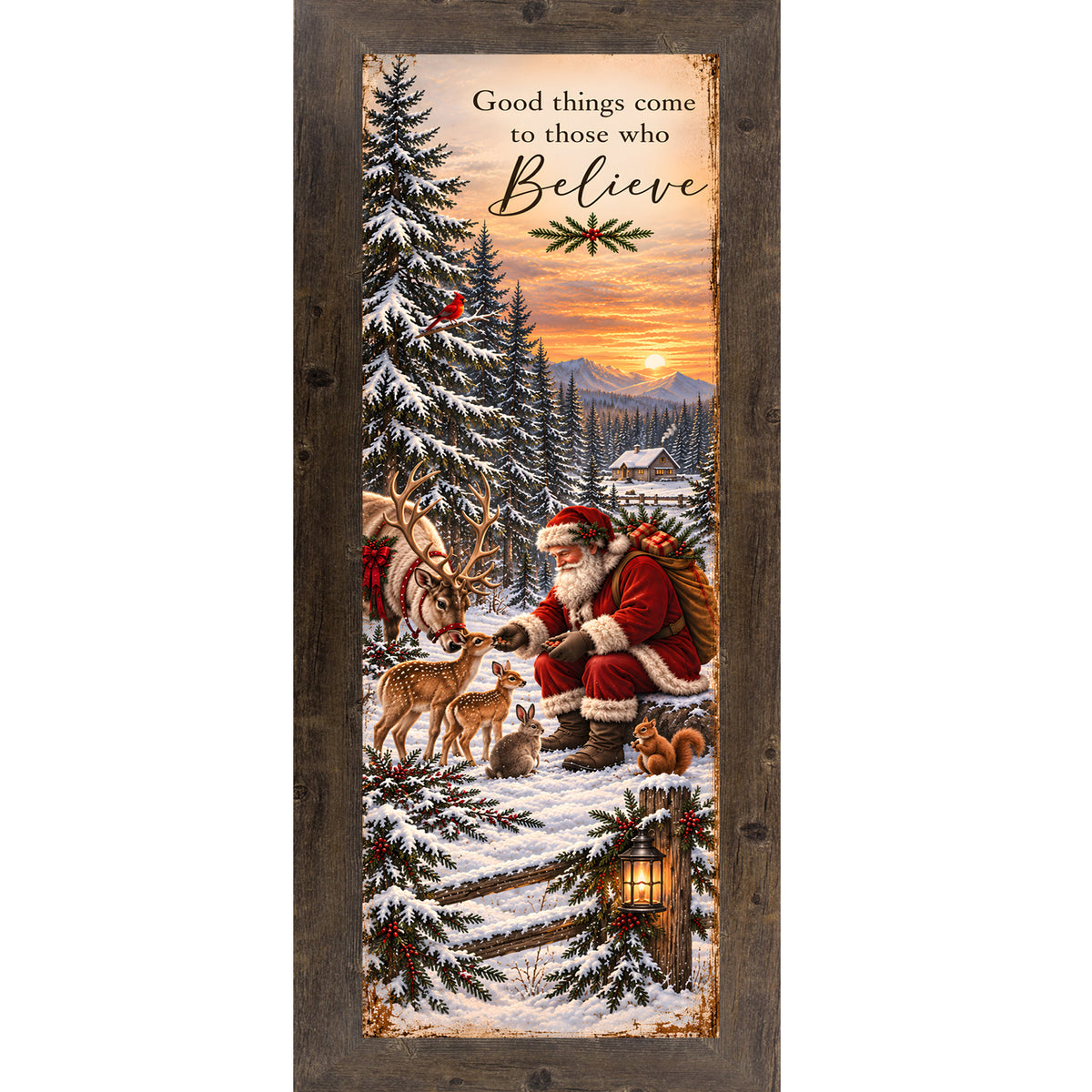 Santa feeding the animals wall art in natural brown frame, Good Things Come to Those Who Believe