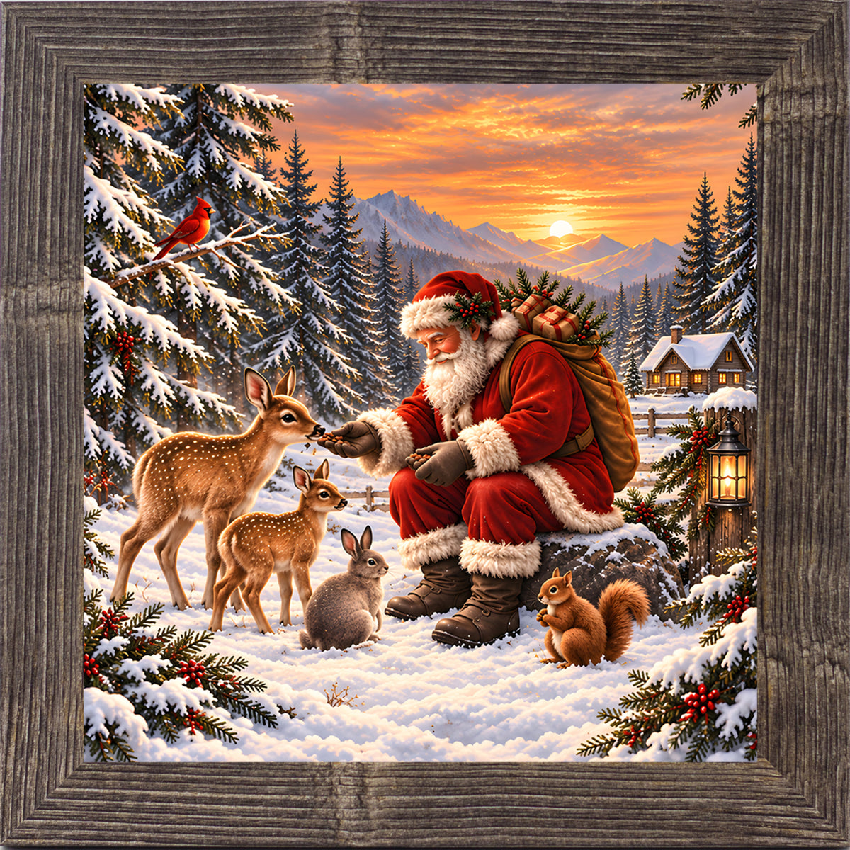 Santa feeding forest animals wall art in natural brown frame, Christmas sunset scene