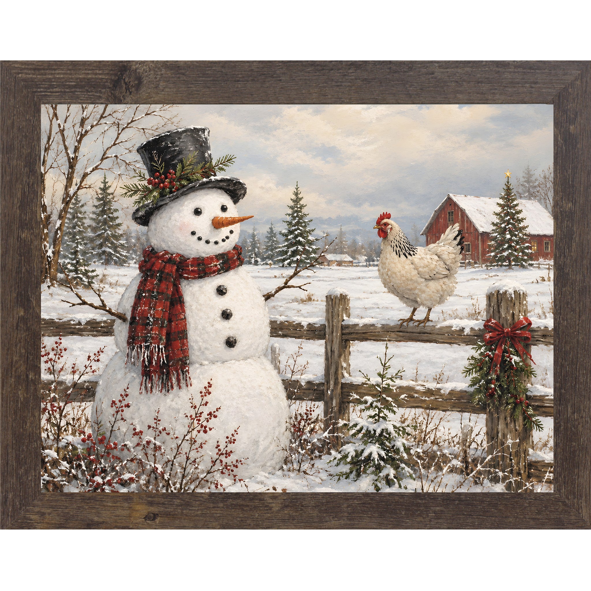 Natural brown framed landscape rural winter wall art featuring a snowman in a top hat and a hen perched on a fence in front of a red barn