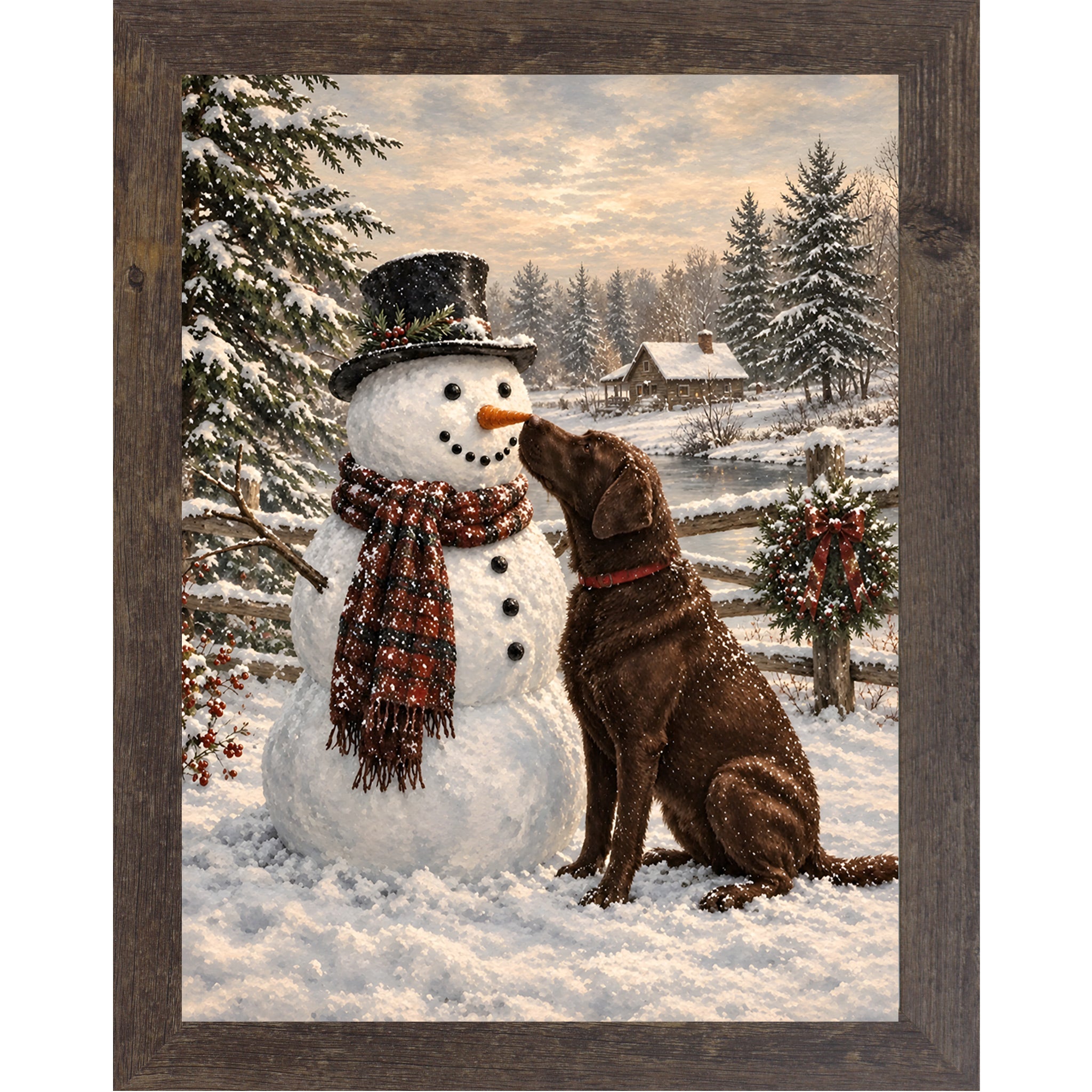 Natural brown framed portrait heritage Christmas wall art featuring a chocolate Labrador nosing a top-hatted snowman in a plaid scarf against a snowy countryside scene