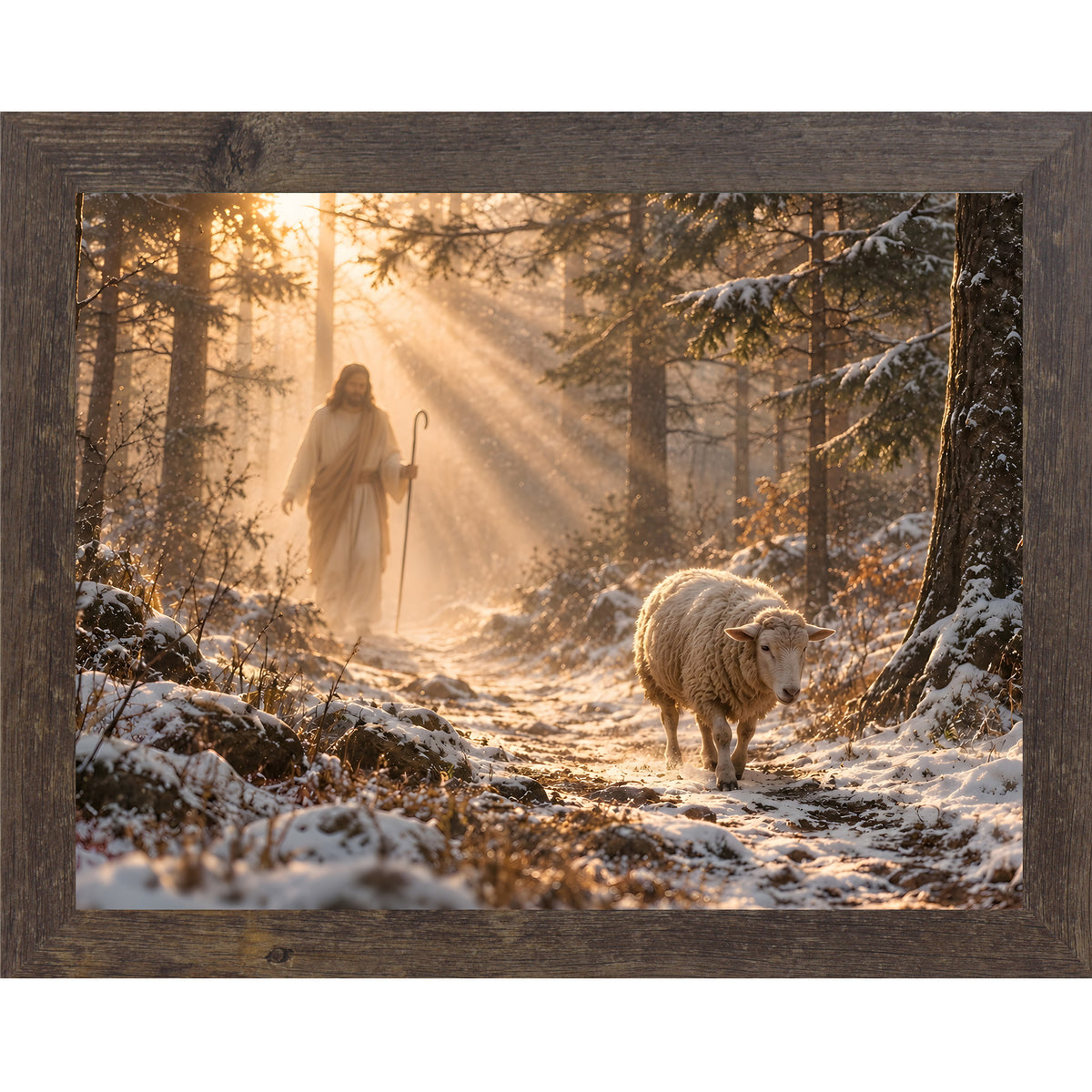 Natural brown framed landscape Christian wall art featuring Christ walking a snow-covered forest path with a sheep following behind