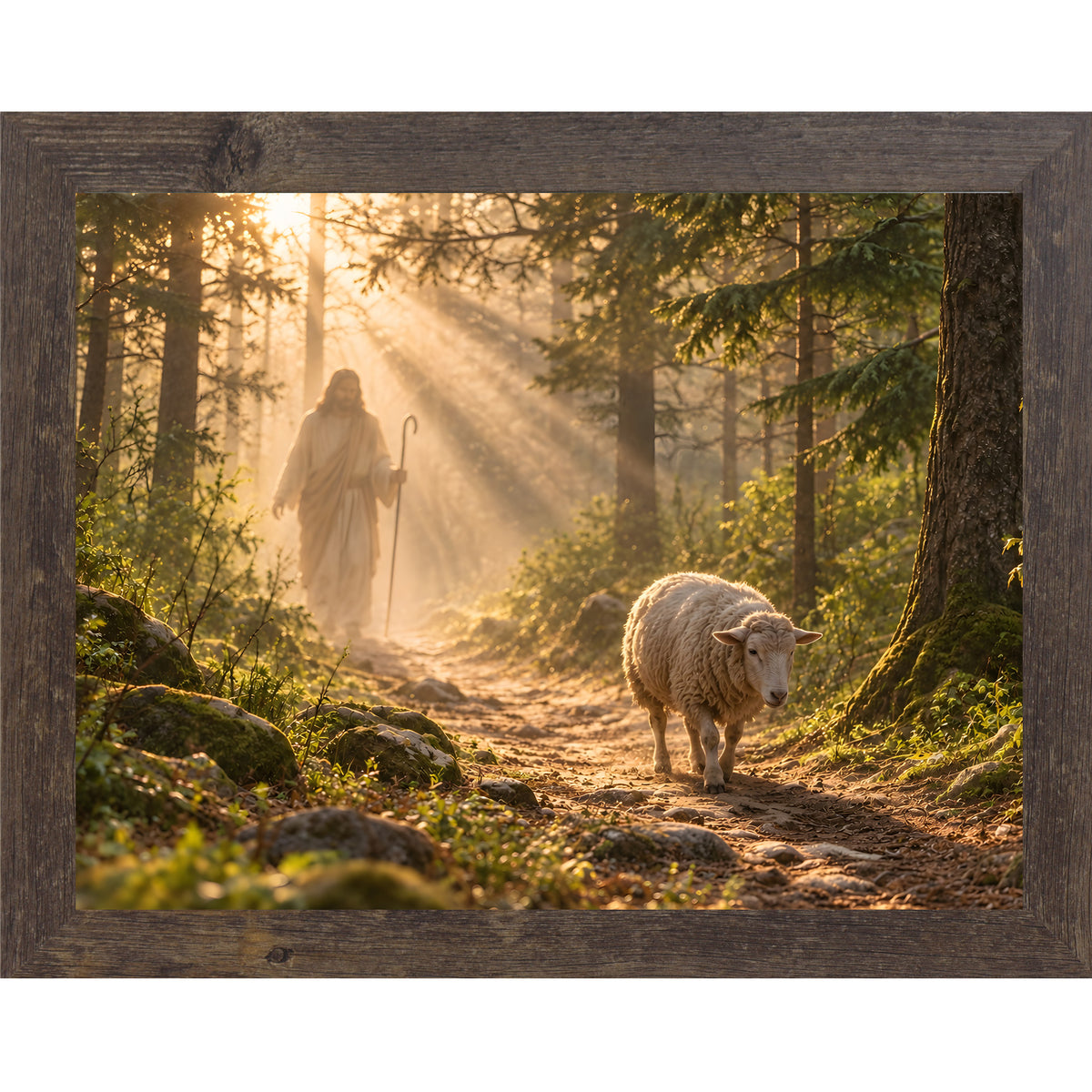 Natural brown framed landscape Christian wall art featuring Christ walking a sunlit forest path with a sheep following behind