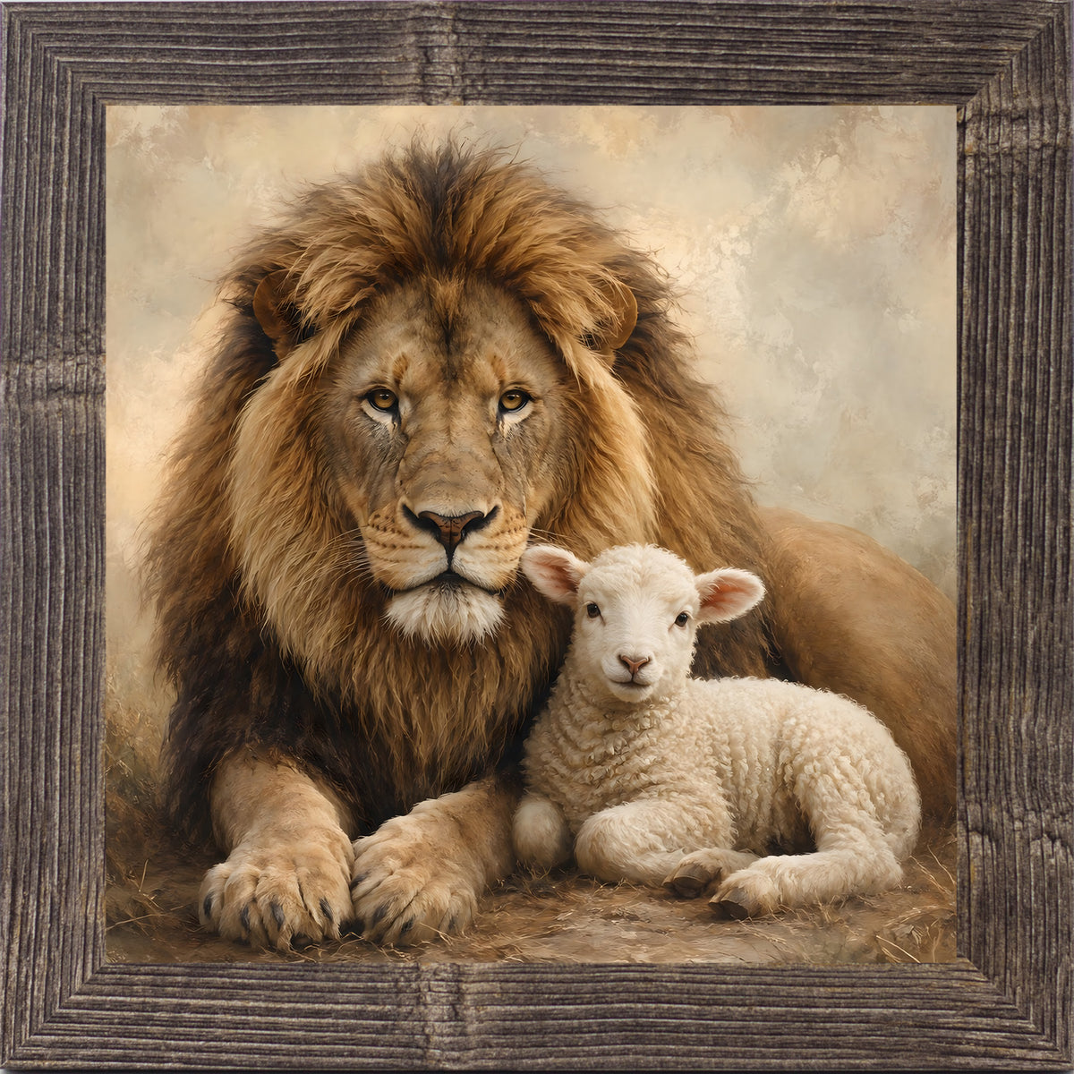 Natural brown framed square Christian wall art featuring a majestic lion resting protectively beside a peaceful lamb