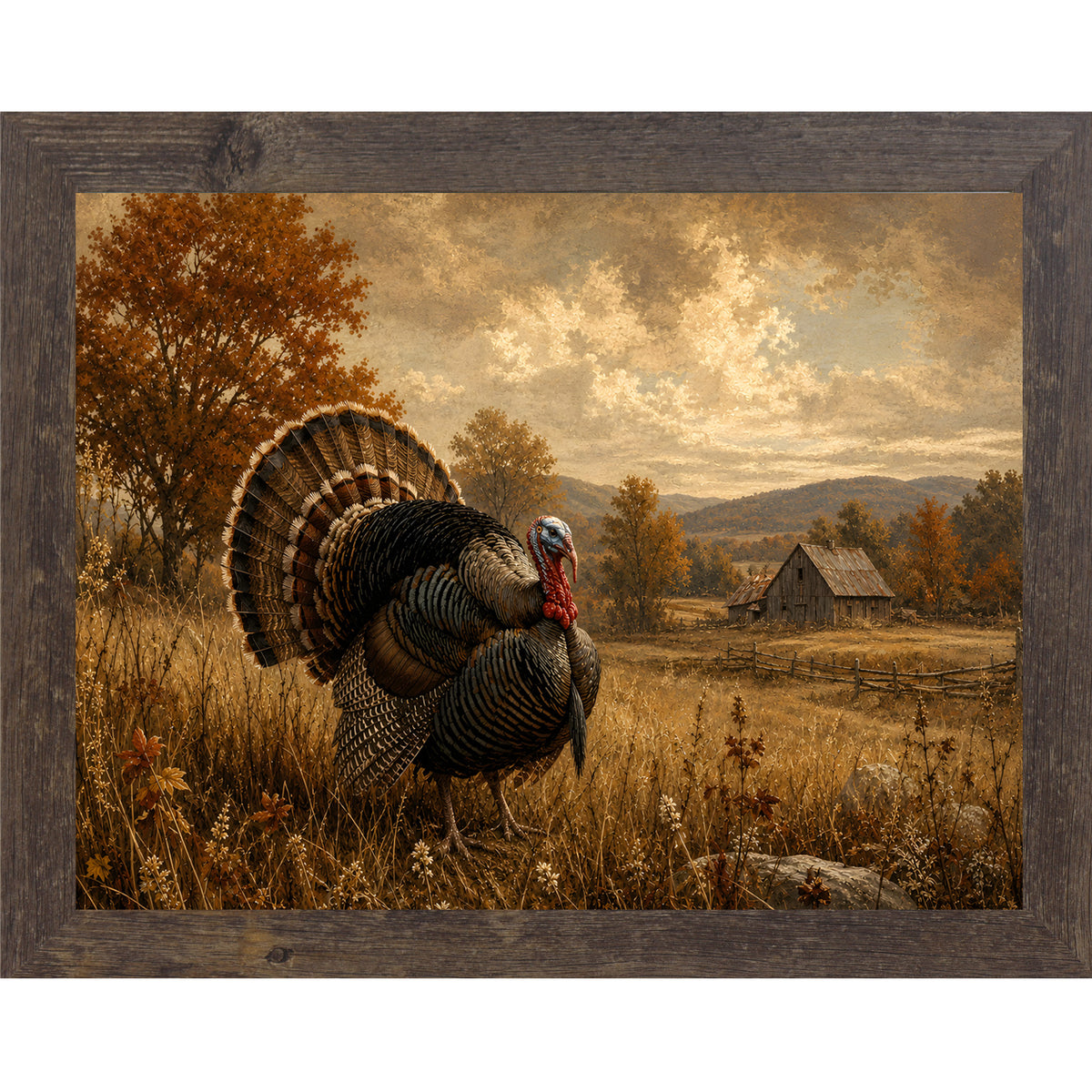 Natural brown framed landscape vintage sporting wall art featuring a wild turkey in full fan display standing in a golden autumn field with a barn in the distance